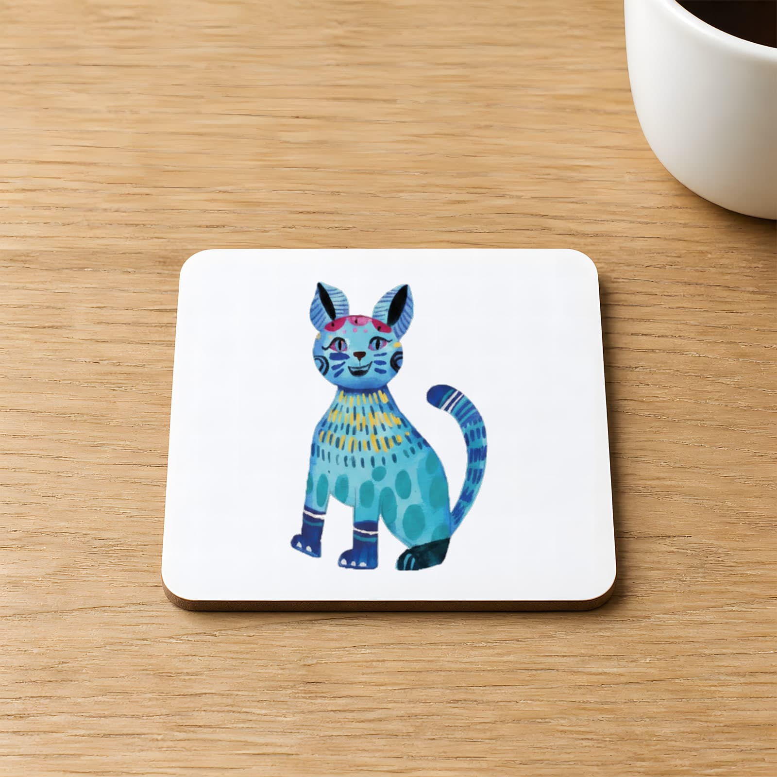 Mavi Kedi Baskılı Kare MDF Bardak Altlığı