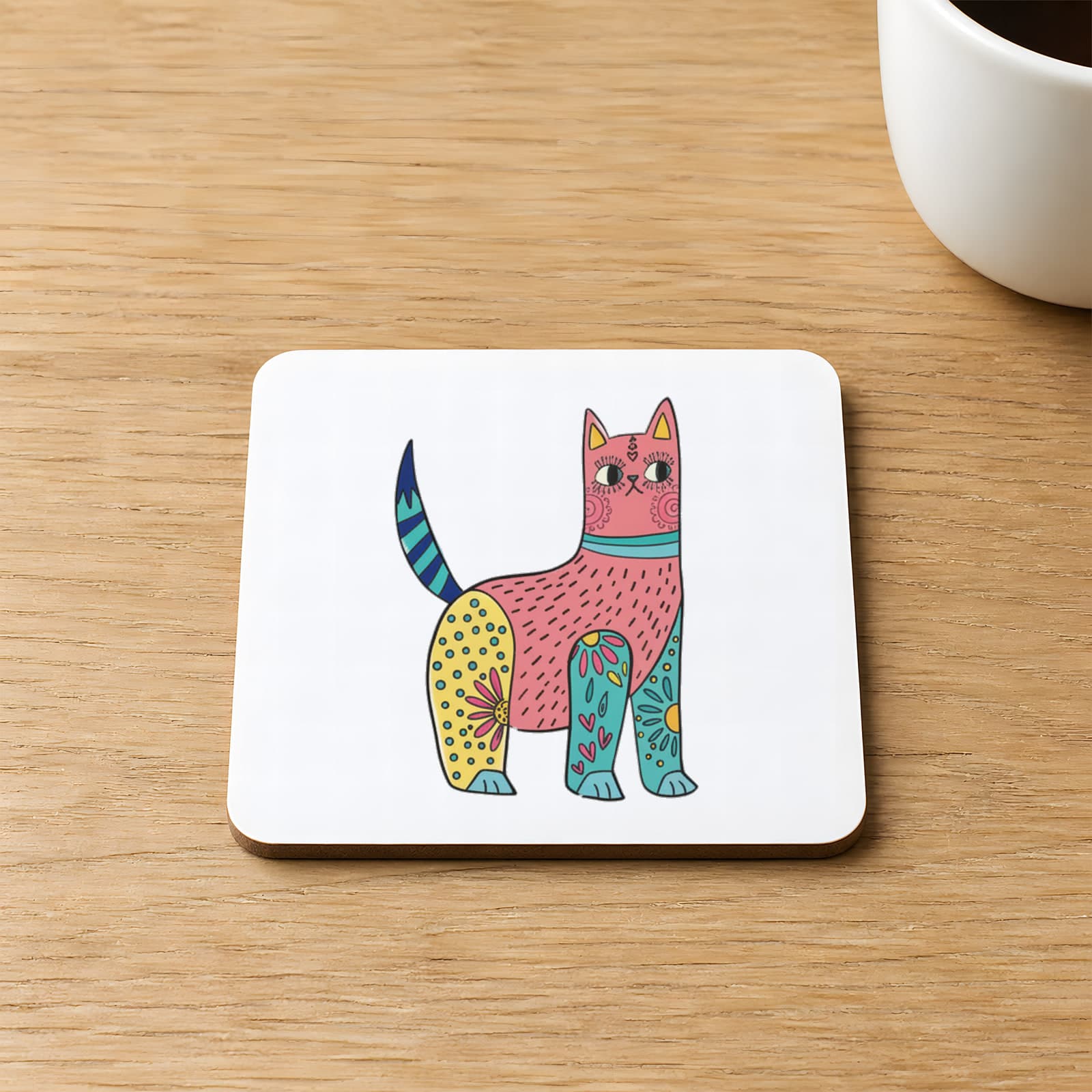 Sarı Pembe Kedi Baskılı Kare MDF Bardak Altlığı