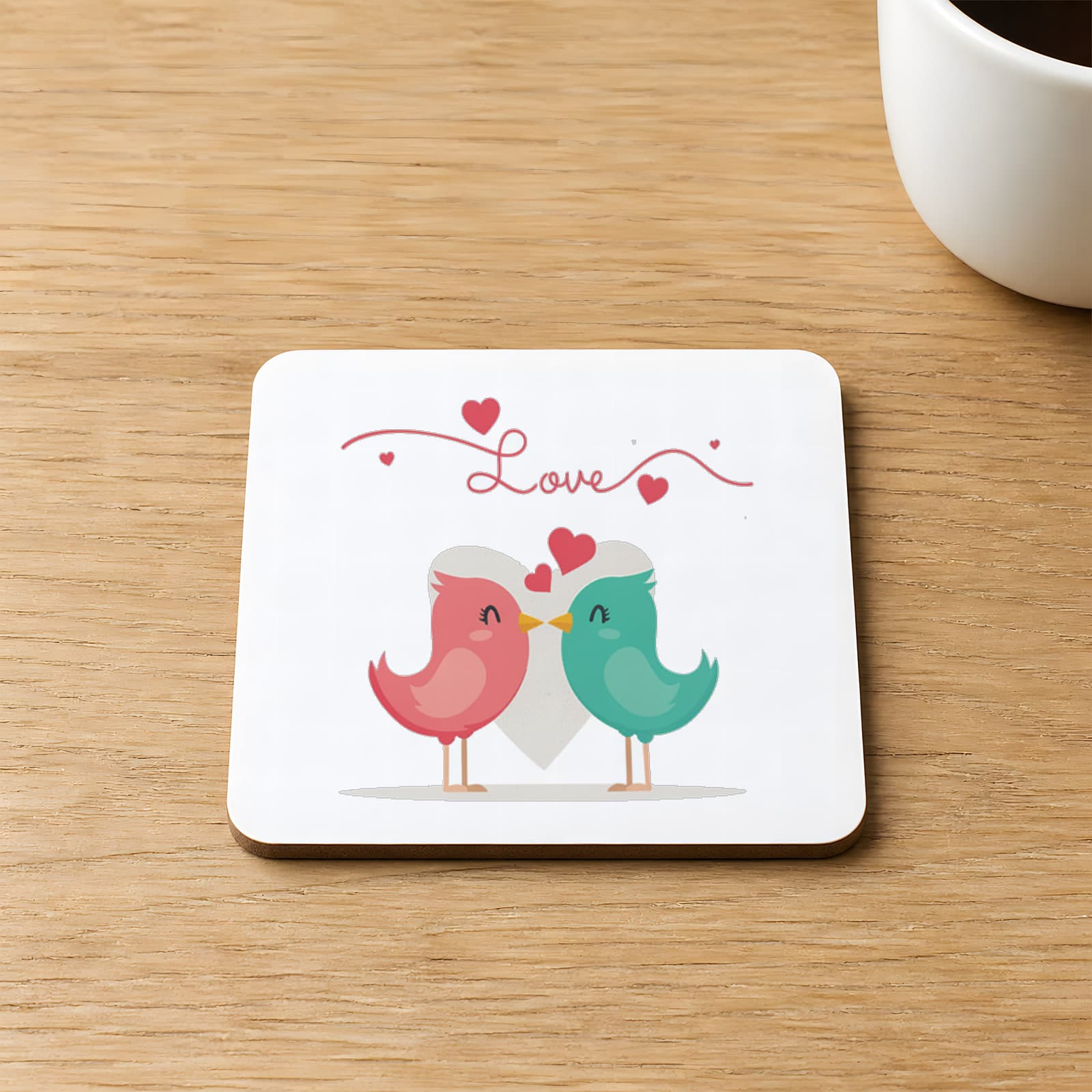 Love Kuşlar Baskılı Kare MDF Bardak Altlığı