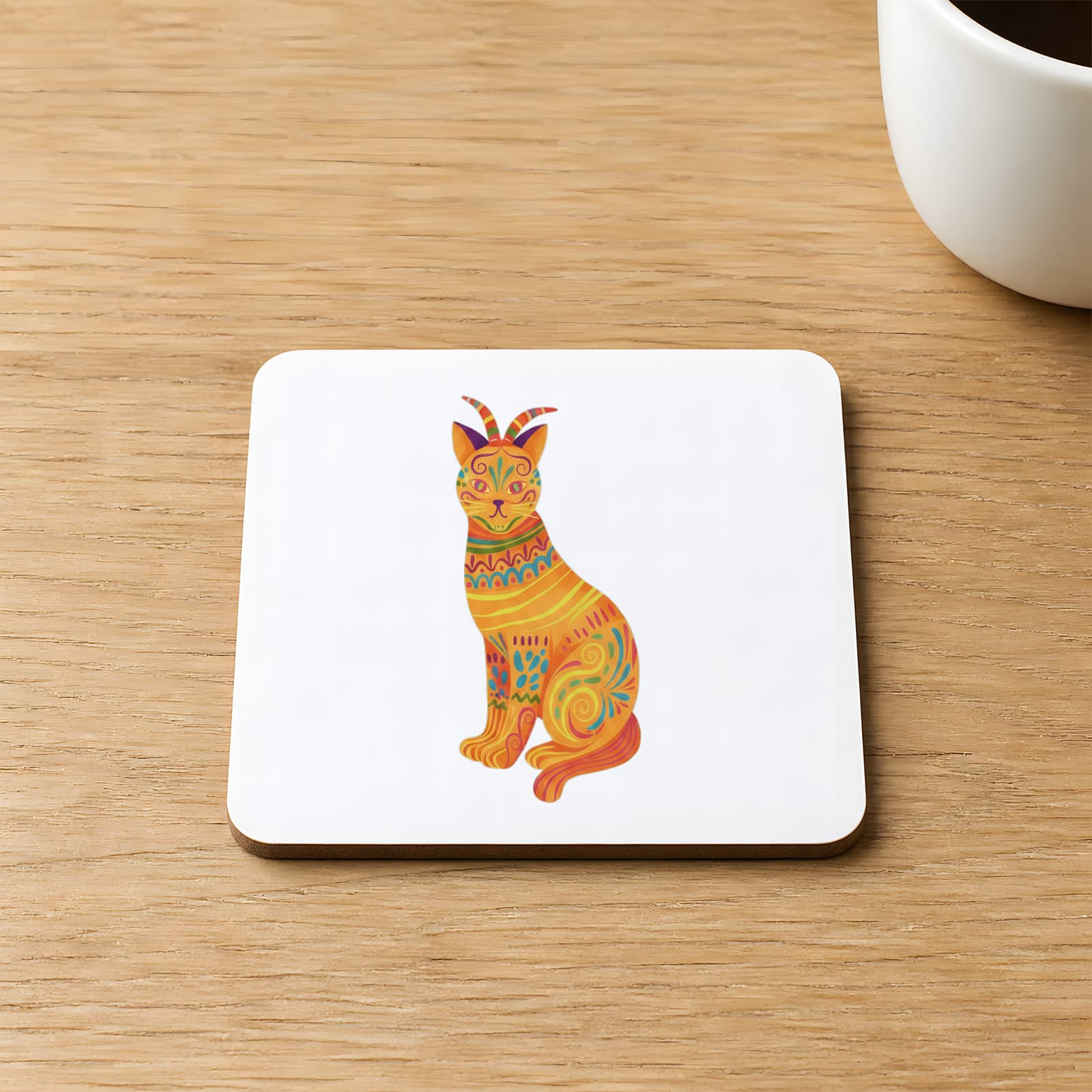 Sarı Kedi Baskılı Kare MDF Bardak Altlığı
