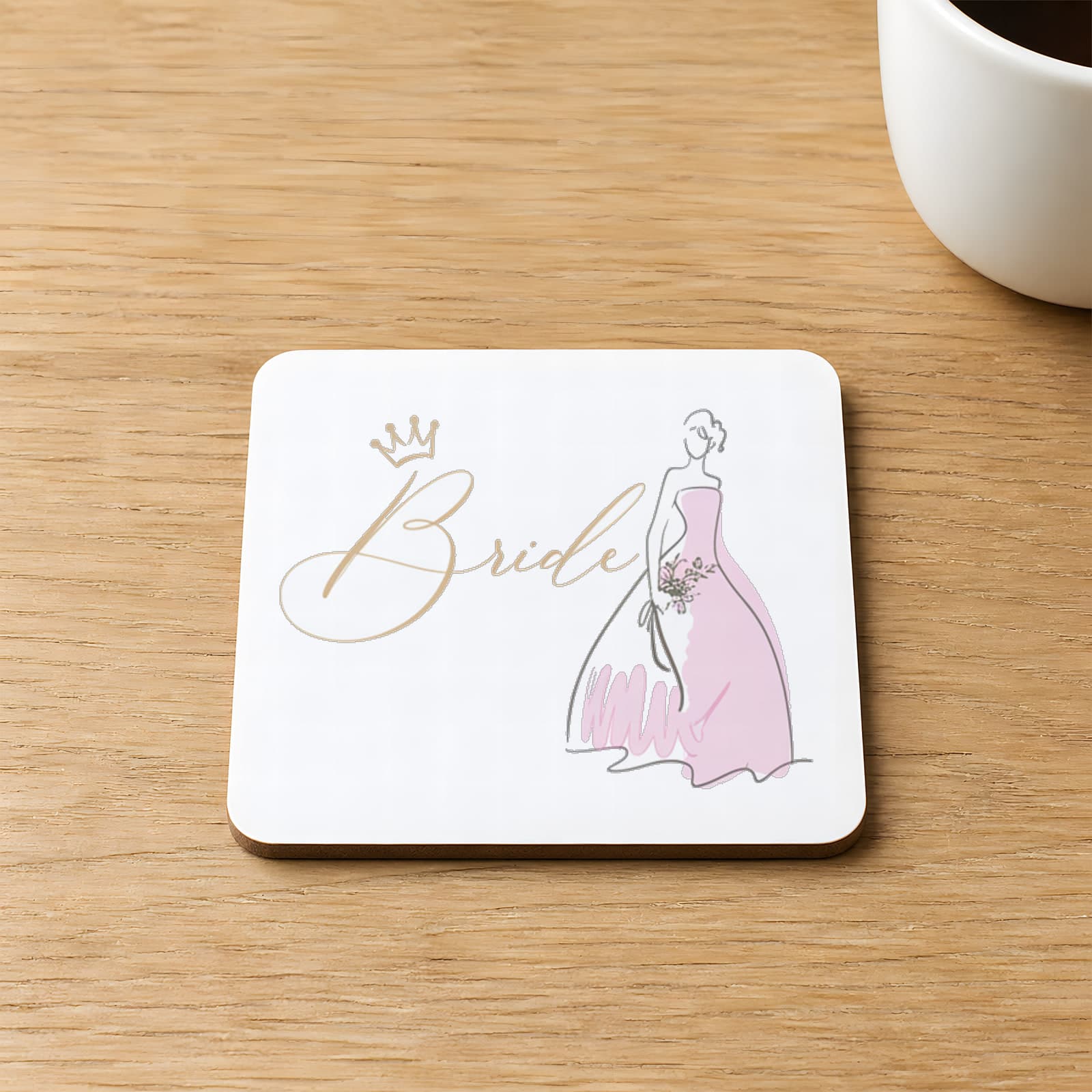 Bride Pembe Gelin Baskılı Kare MDF Bardak Altlığı
