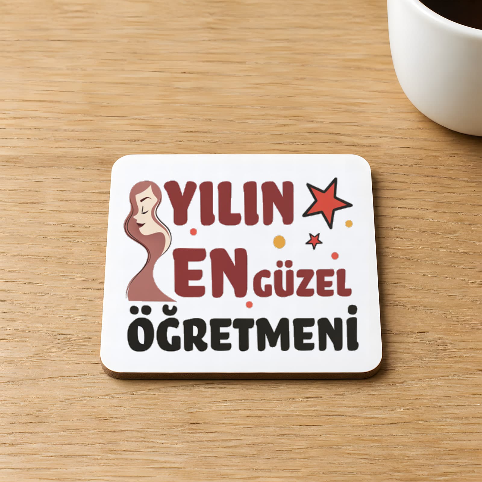 Yılın En Güzel Öğretmeni Baskılı Kare MDF Bardak Altlığı