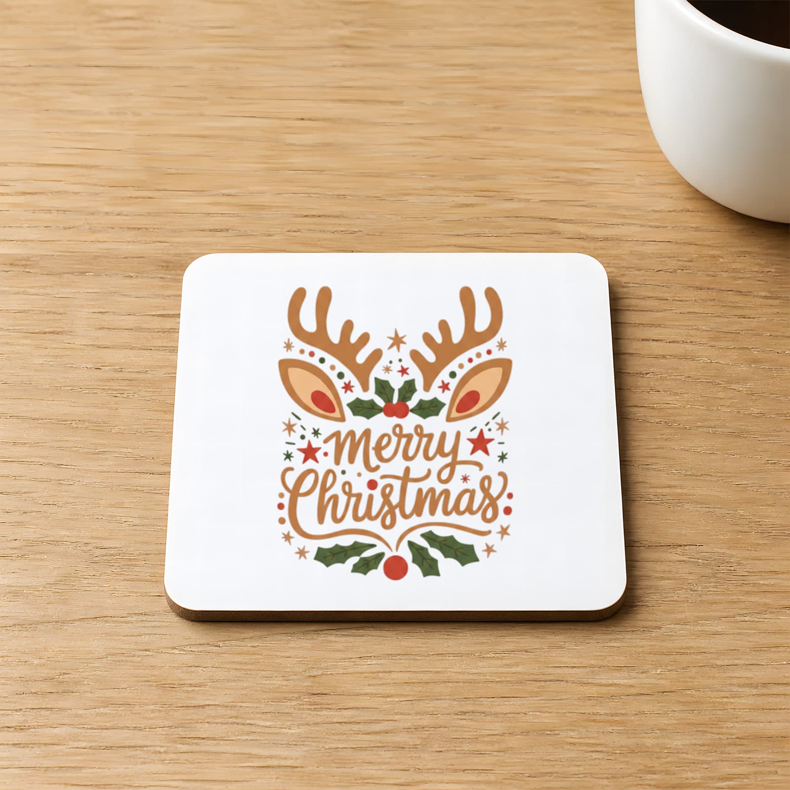 Merry Christmas Geyik Boynuzlu Baskılı Kare MDF Bardak Altlığı