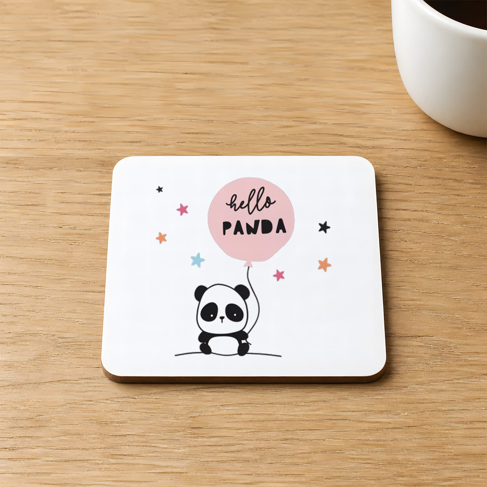 Hello Panda Çift Baskılı Kare MDF Bardak Altlığı