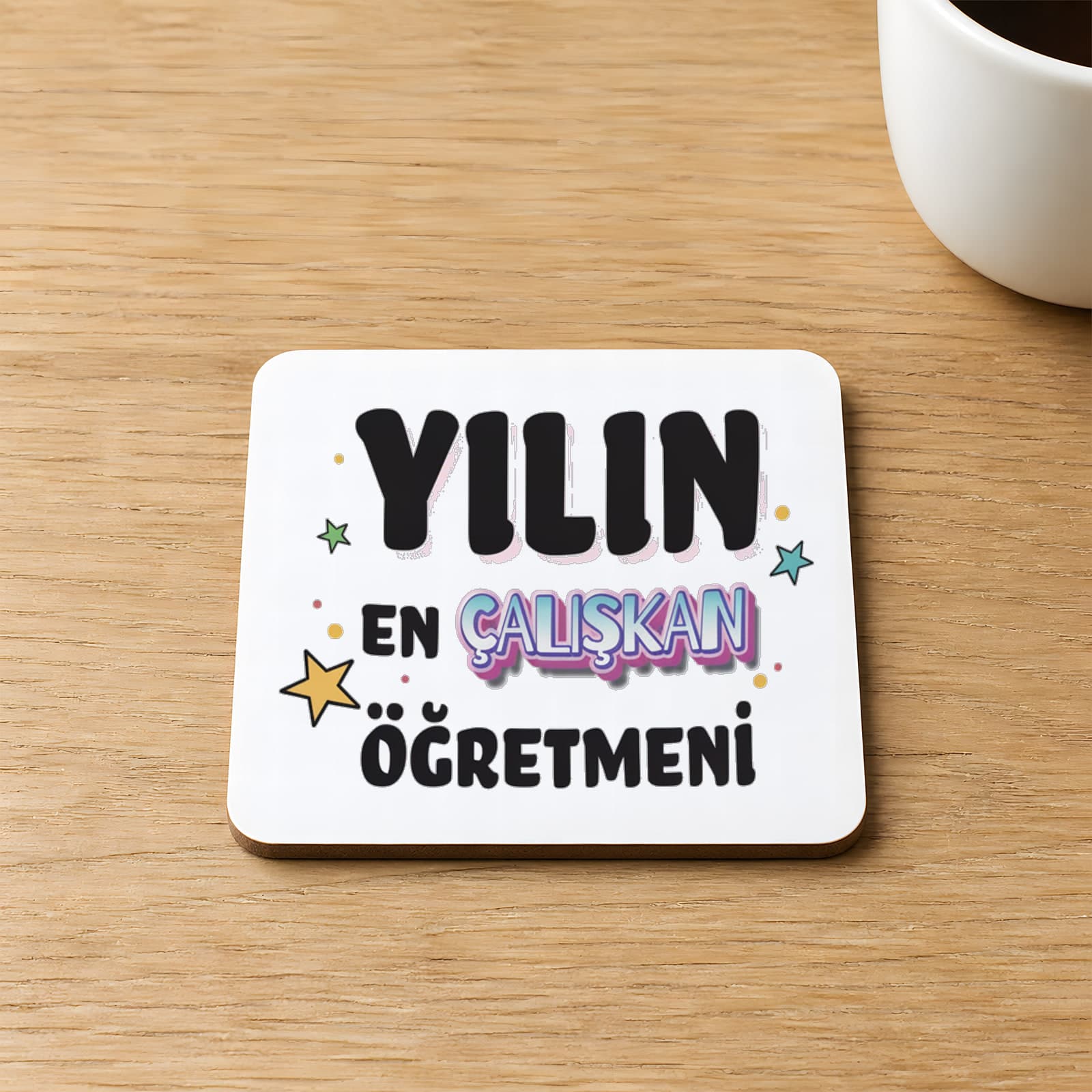 Yılın En Çalışkan Öğretmeni Baskılı Kare MDF Bardak Altlığı