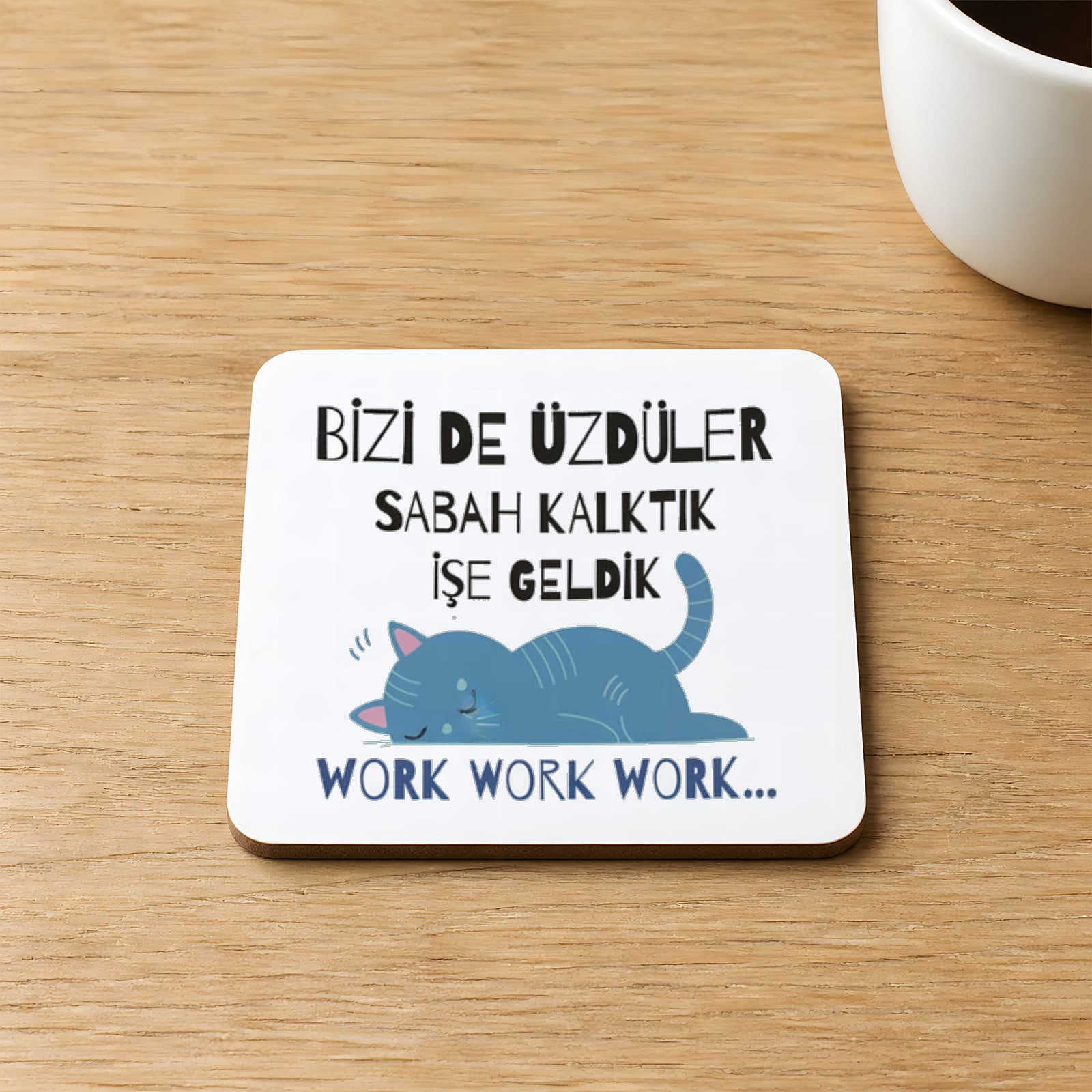 Bizi De Üzdüler Mavi Kedi Baskılı Kare MDF Bardak Altlığı