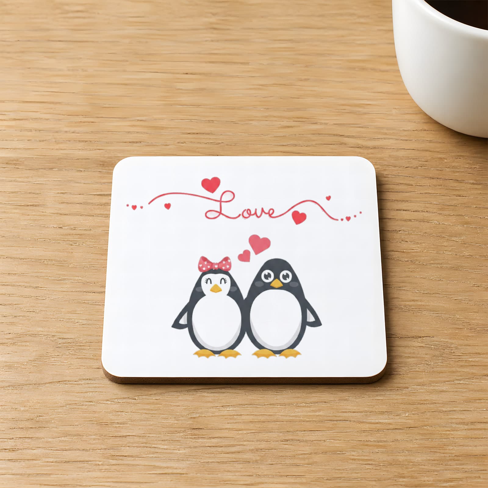 Love Penguenler Tasarım Baskılı Kare MDF Bardak Altlığı