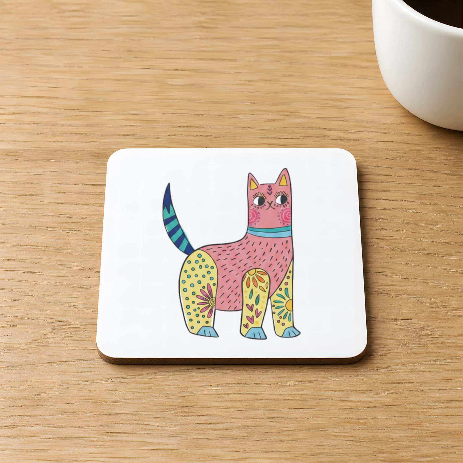 Renkli Kedi Tasarım Baskılı Kare MDF Bardak Altlığı