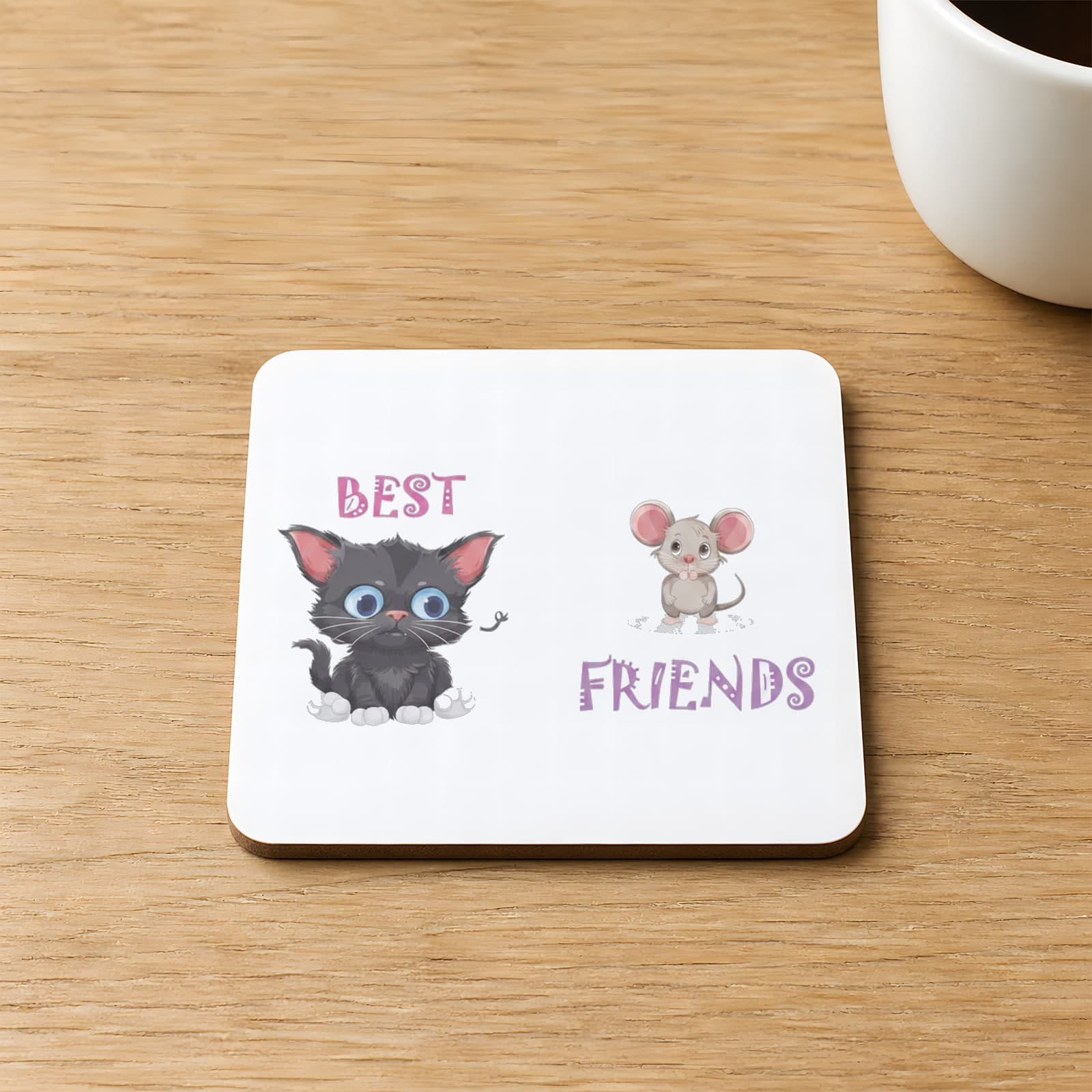Best Friends Kedi Fare Baskılı Kare MDF Bardak Altlığı