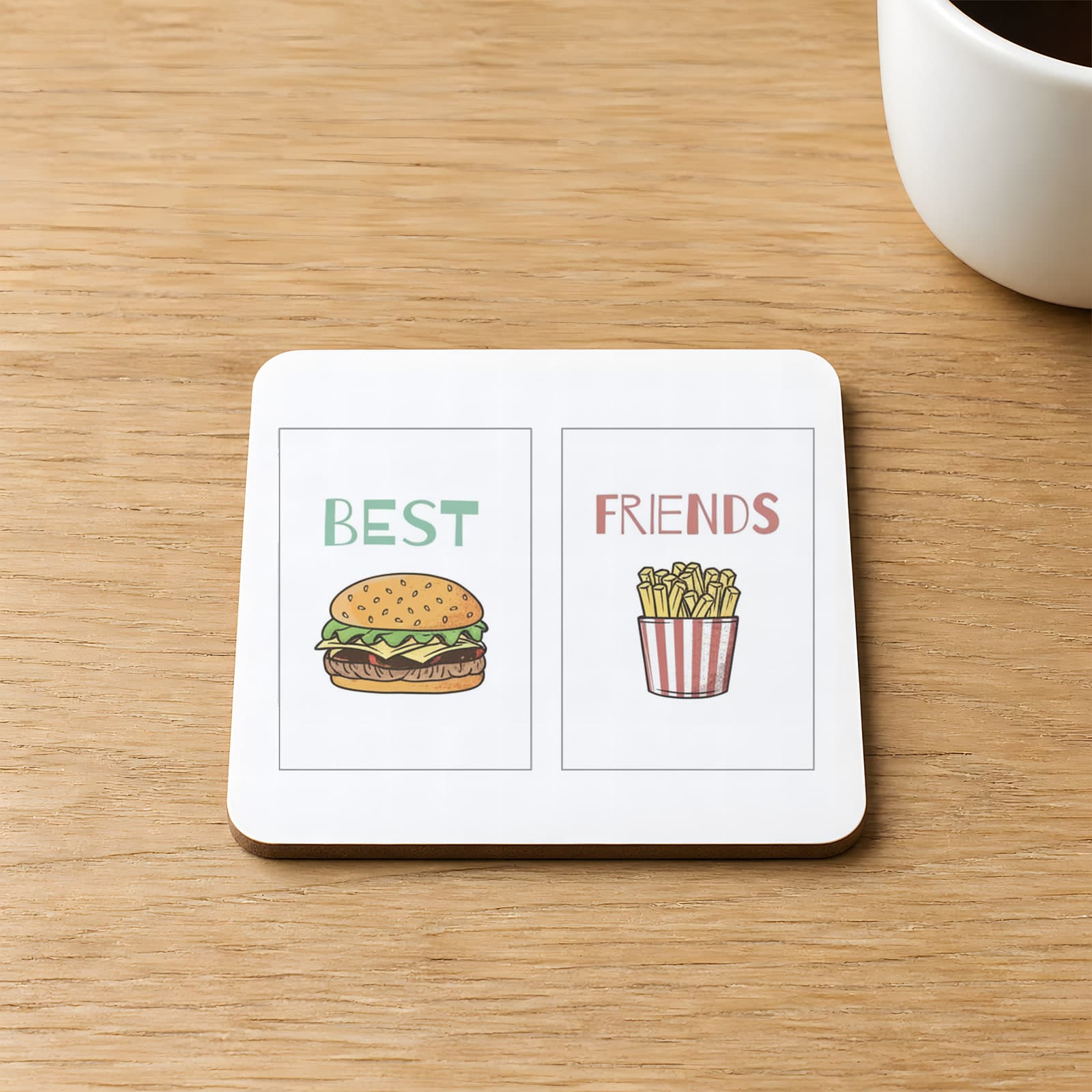 Best Friends Hamburger Patates Baskılı Kare MDF Bardak Altlığı