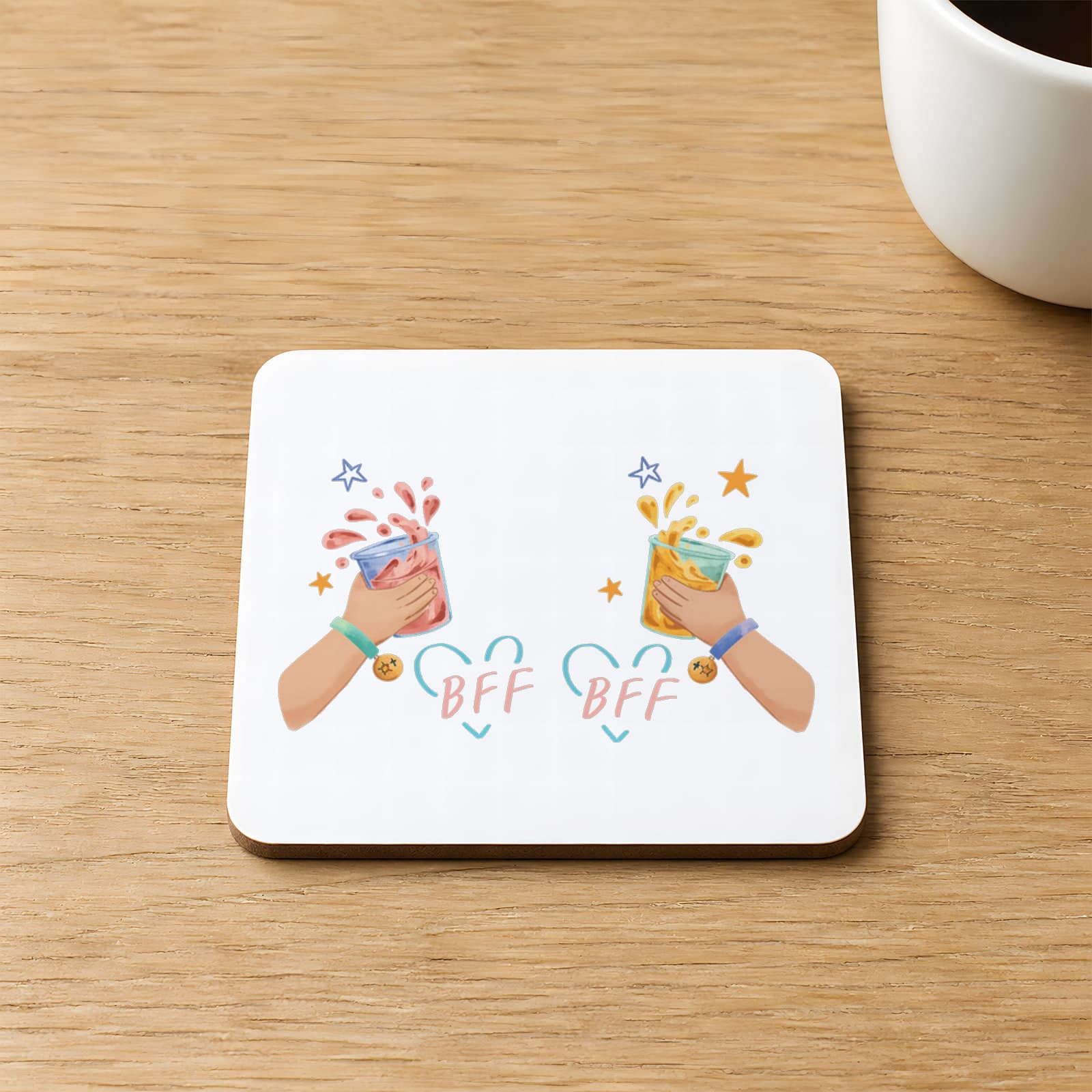 Best Friends Forever Bff Içecekli Baskılı Kare MDF Bardak Altlığı