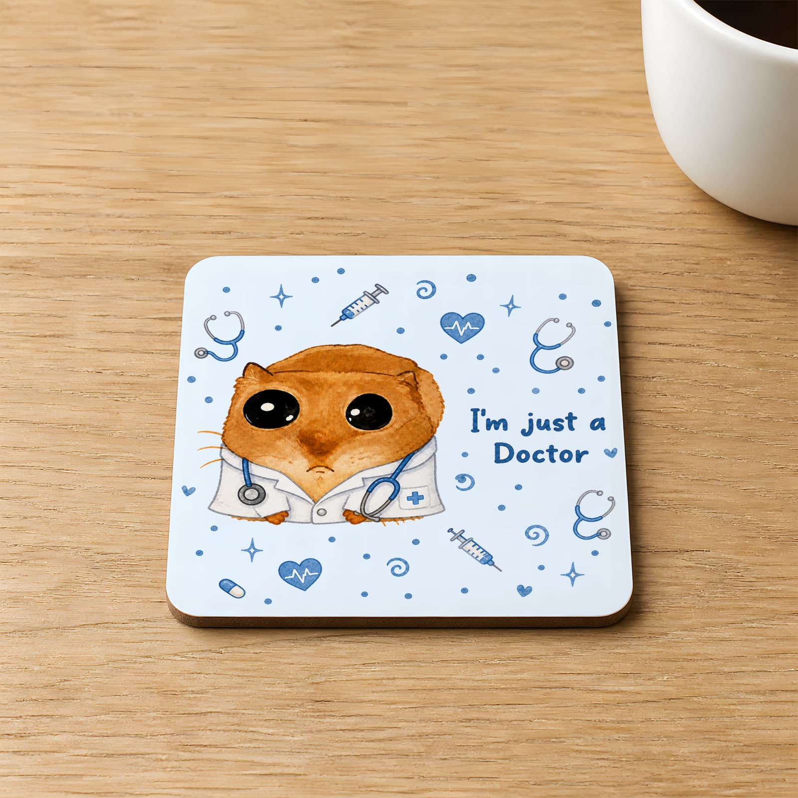 Sad Üzgün Hamster - Doktor Baskılı Kare MDF Bardak Altlığı