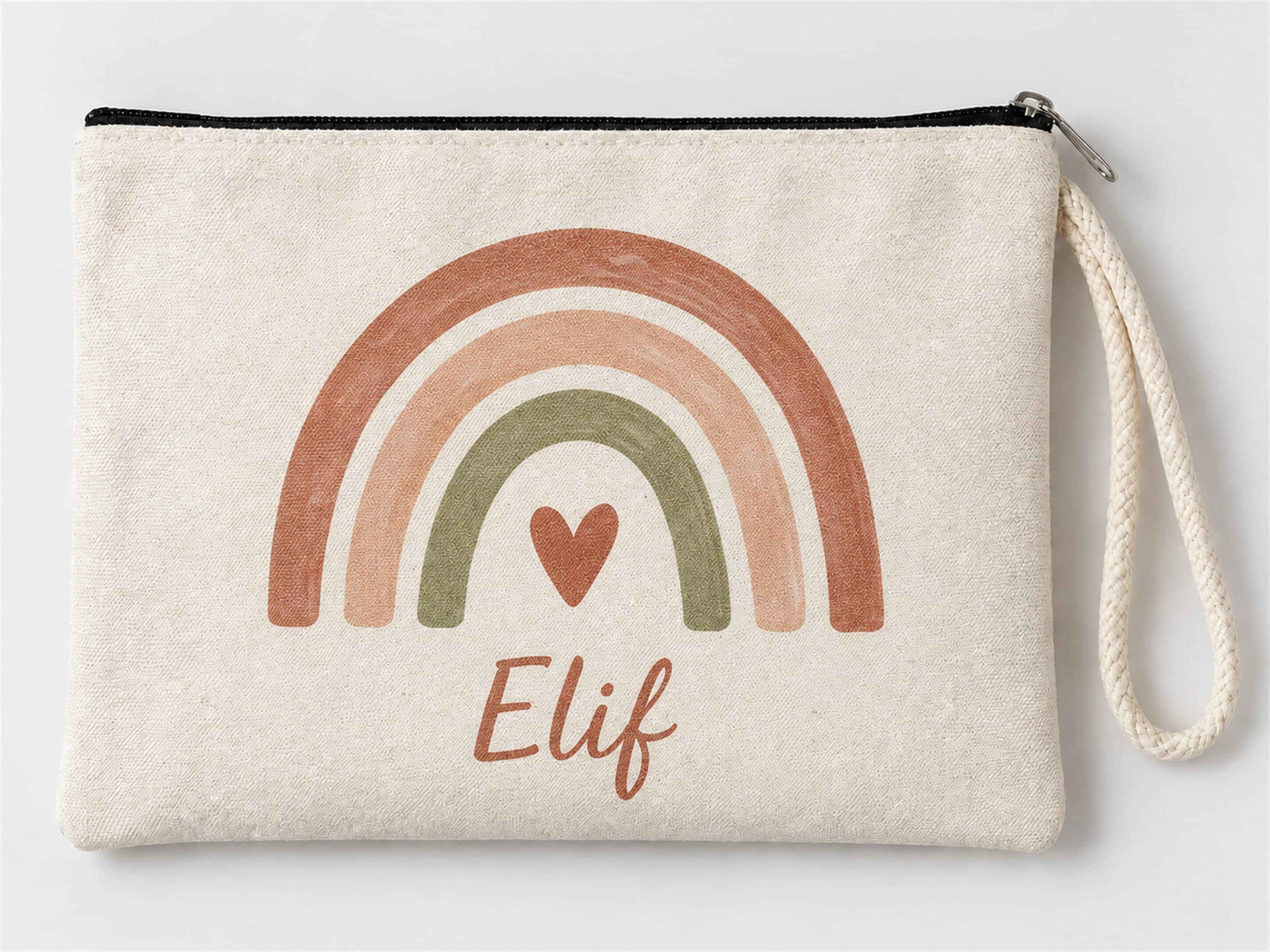 Kişiye Özel Gökkuşağı ve Kalp Baskılı Fermuarlı Clutch Makyaj Çantası Bozuk Para Cüzdanı