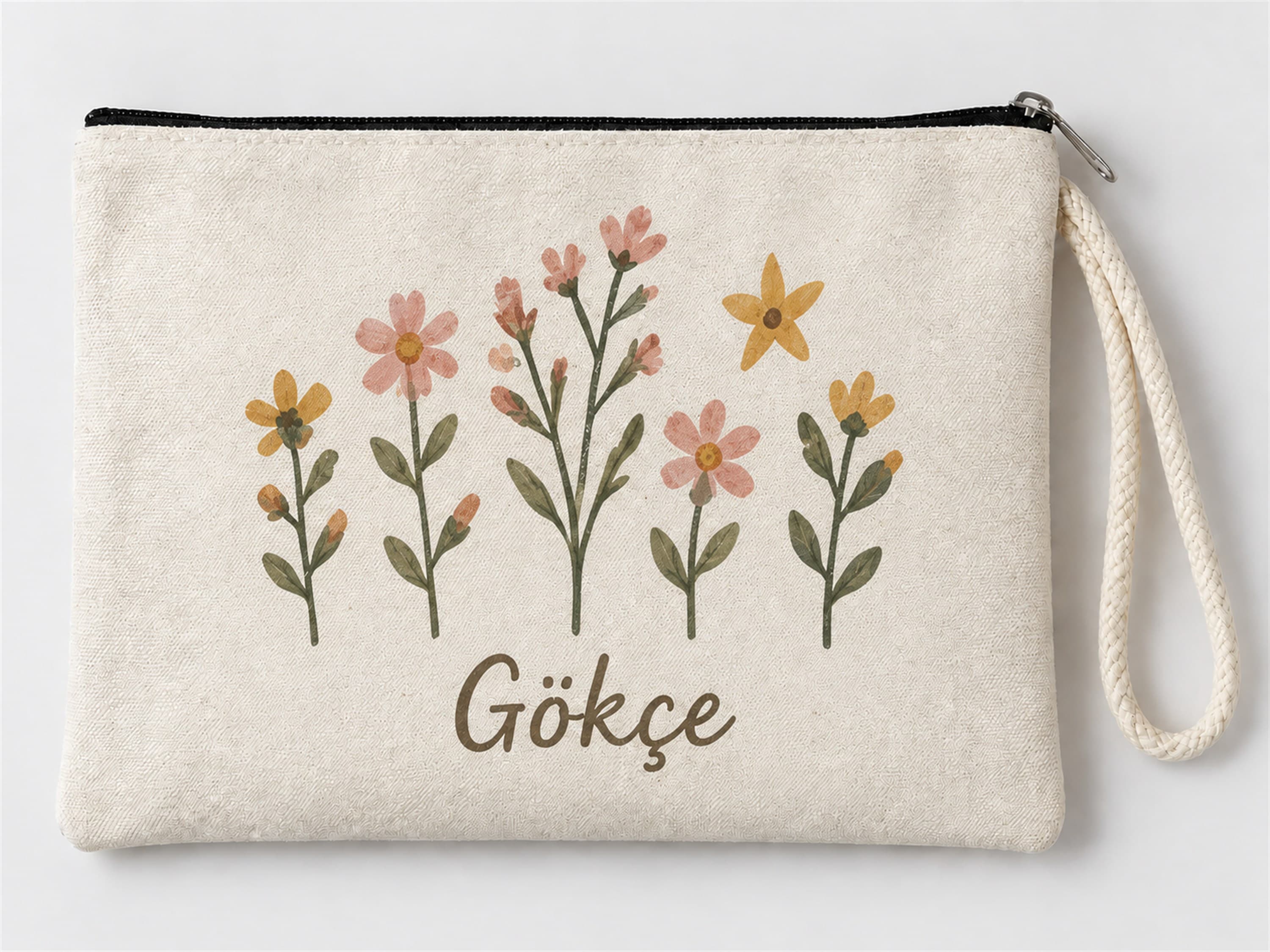 Kişiye Özel Kır Çiçekleri Baskılı Fermuarlı Clutch Makyaj Çantası Bozuk Para Cüzdanı