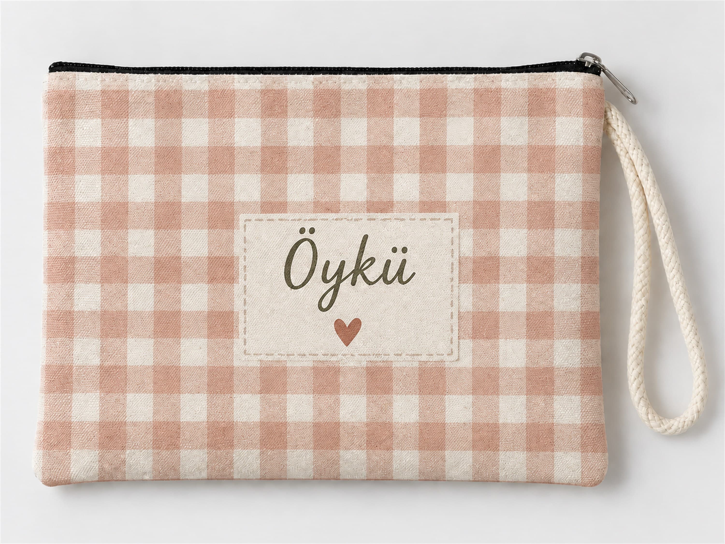 Kişiye Özel Pembe Ekose Etiket Baskılı Fermuarlı Clutch Makyaj Çantası Bozuk Para Cüzdanı