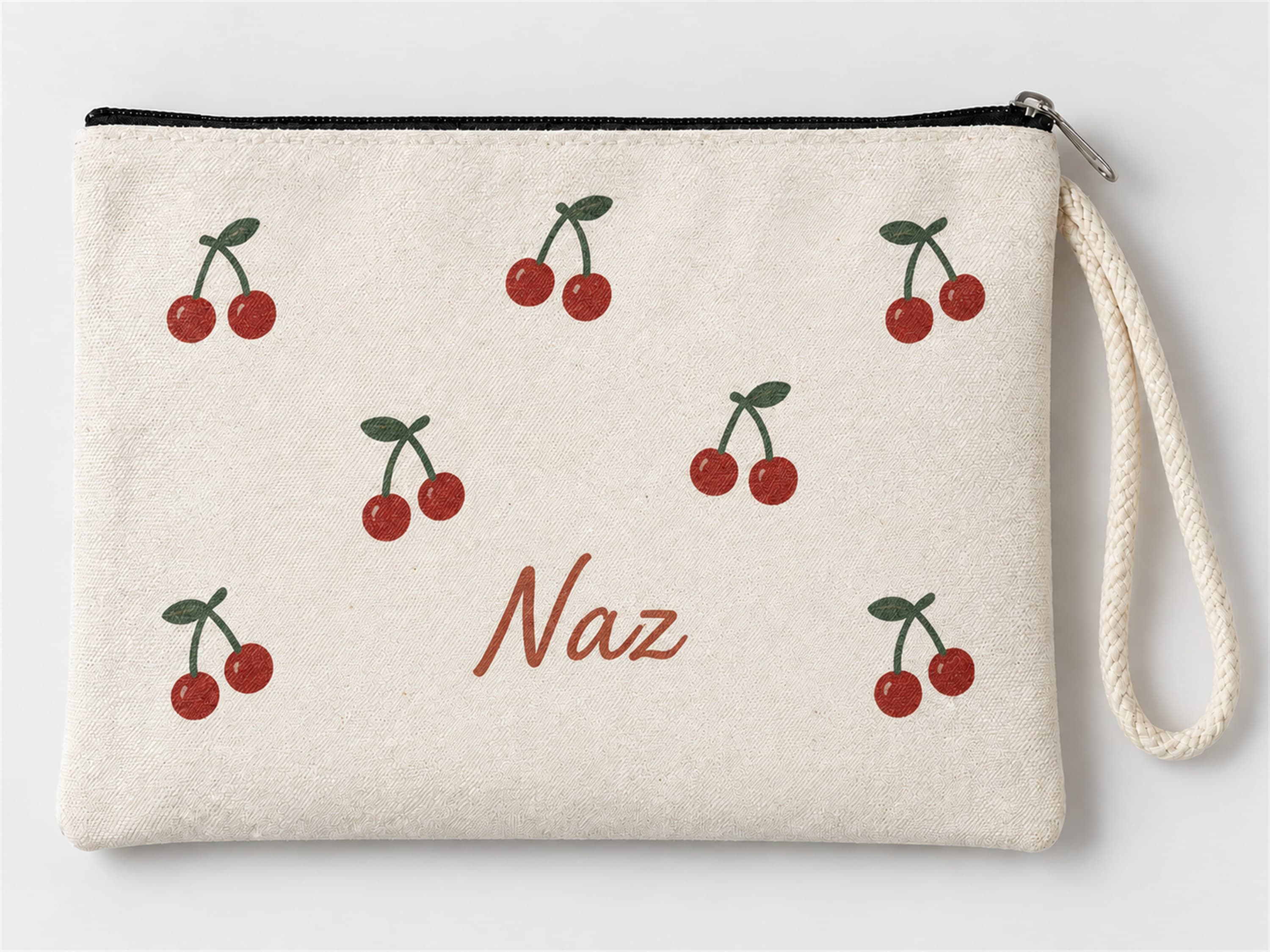 Kişiye Özel Kiraz Deseni Baskılı Fermuarlı Clutch Makyaj Çantası Bozuk Para Cüzdanı