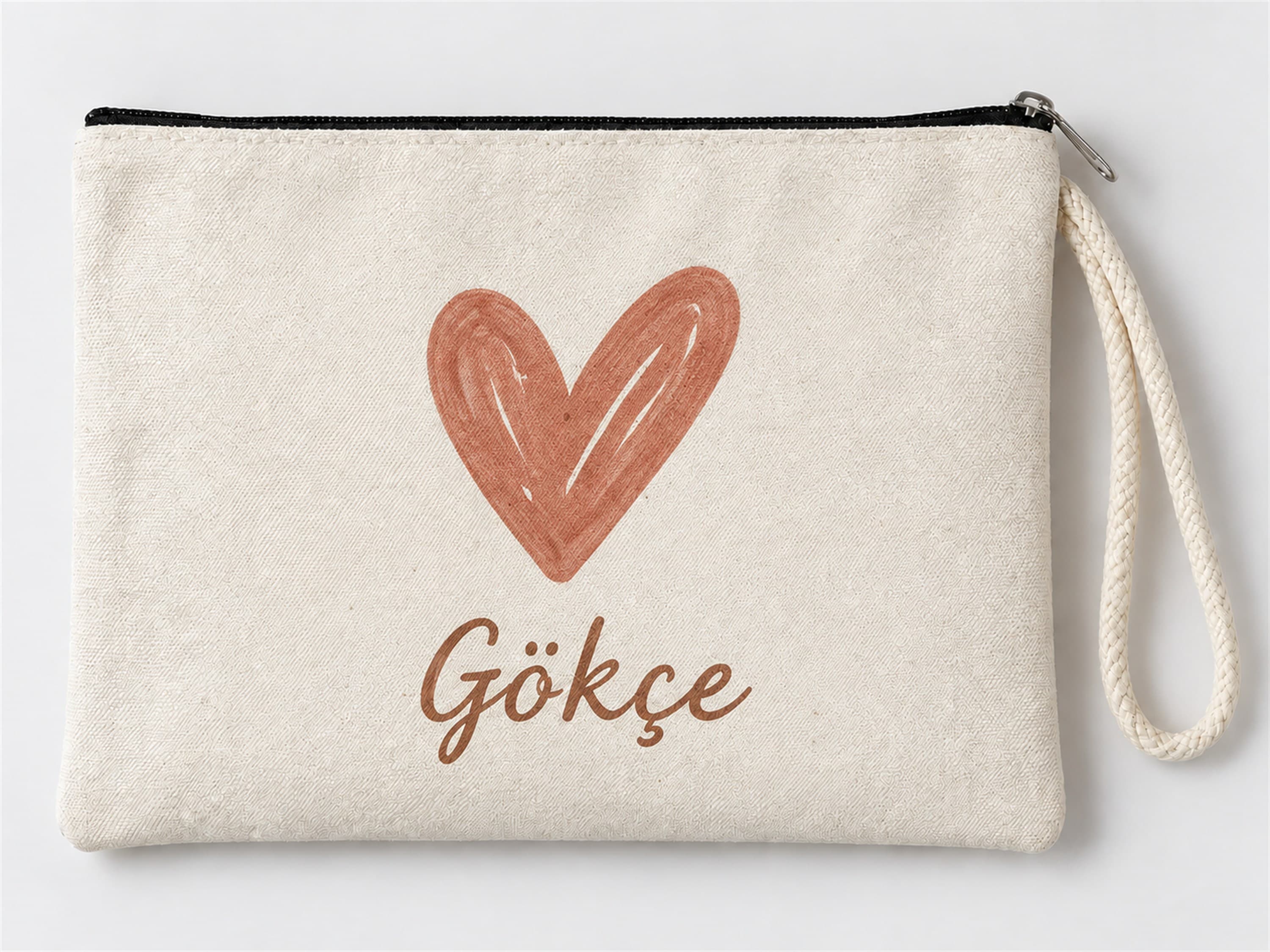 Kişiye Özel Büyük Kalp Baskılı Fermuarlı Clutch Makyaj Çantası Bozuk Para Cüzdanı
