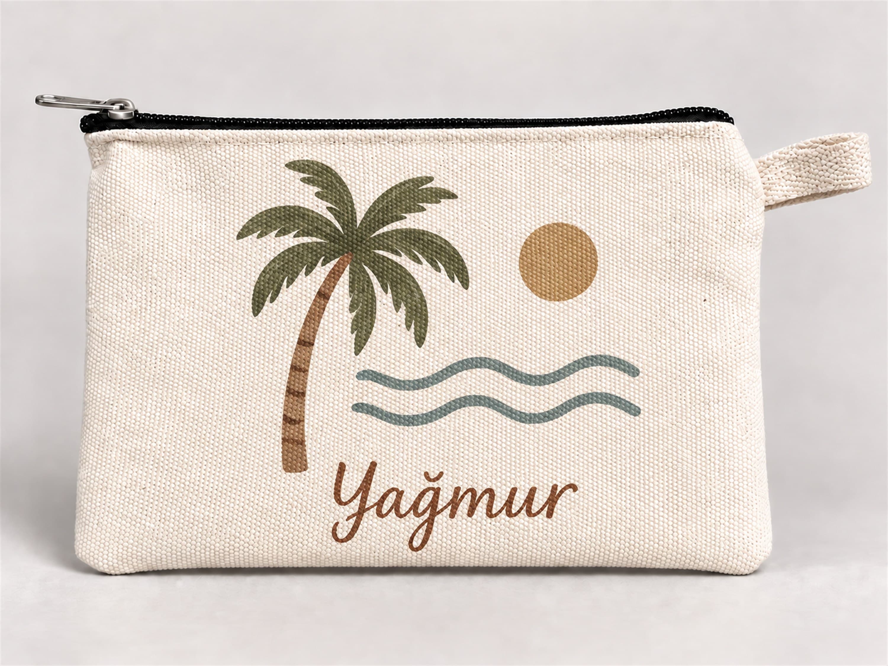 Kişiye Özel Palmiye ve Deniz Baskılı Fermuarlı Kalemlik 20x10 cm