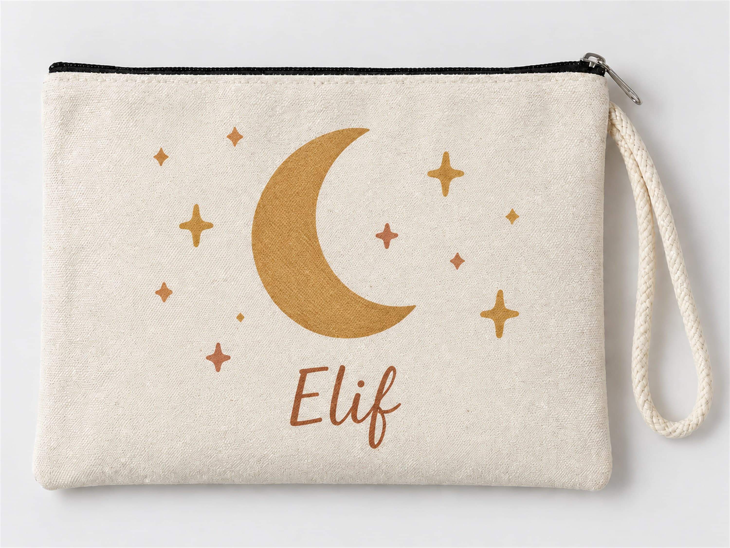 Kişiye Özel Ay ve Yıldız Baskılı Fermuarlı Clutch Makyaj Çantası Bozuk Para Cüzdanı