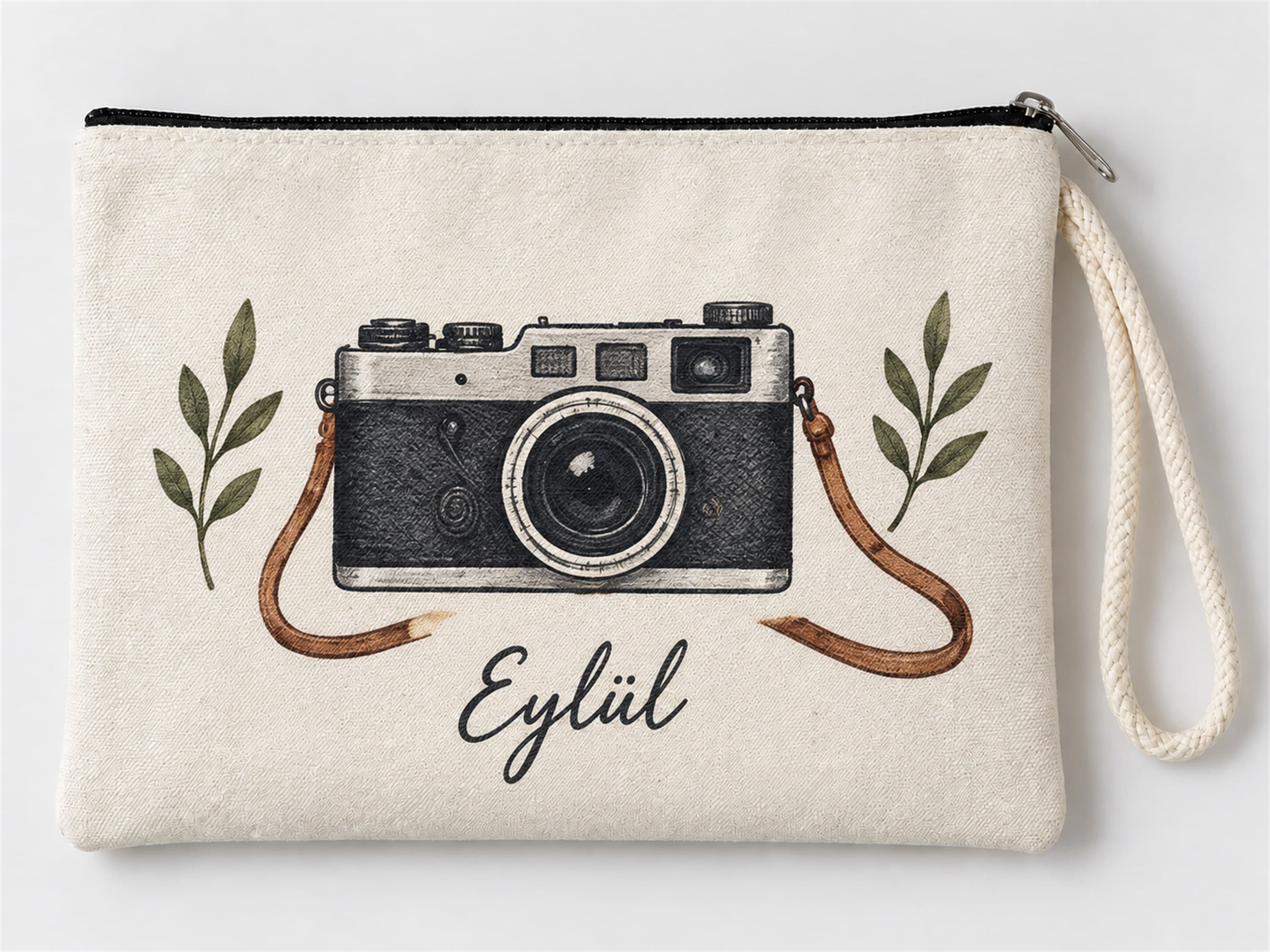 Kişiye Özel Vintage Fotoğraf Makinesi Baskılı Fermuarlı Clutch Makyaj Çantası Bozuk Para Cüzdanı