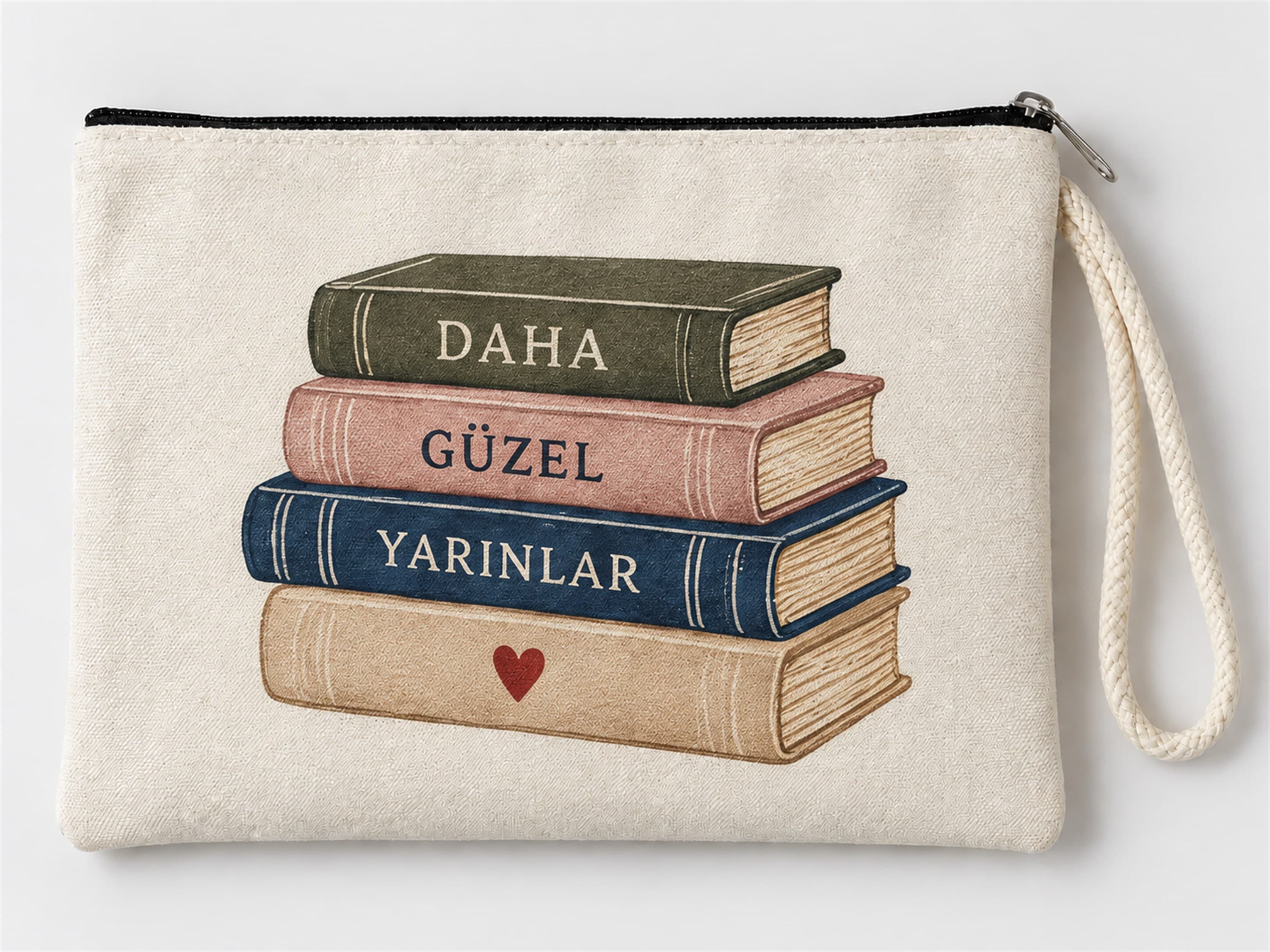 Kitap Yığını Baskılı Fermuarlı Clutch Makyaj Çantası Bozuk Para Cüzdanı