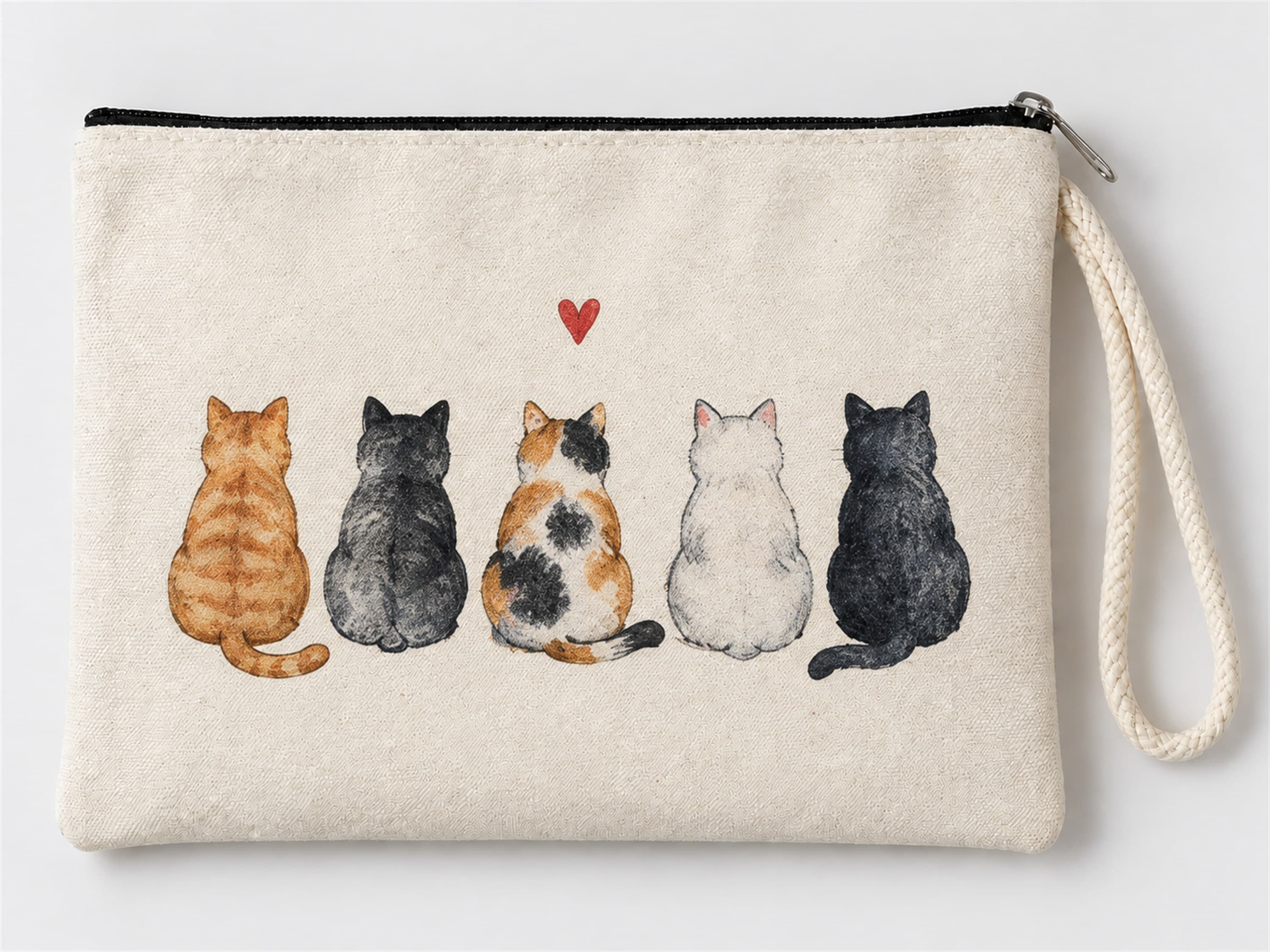 Beş Kedi Baskılı Fermuarlı Clutch Makyaj Çantası Bozuk Para Cüzdanı