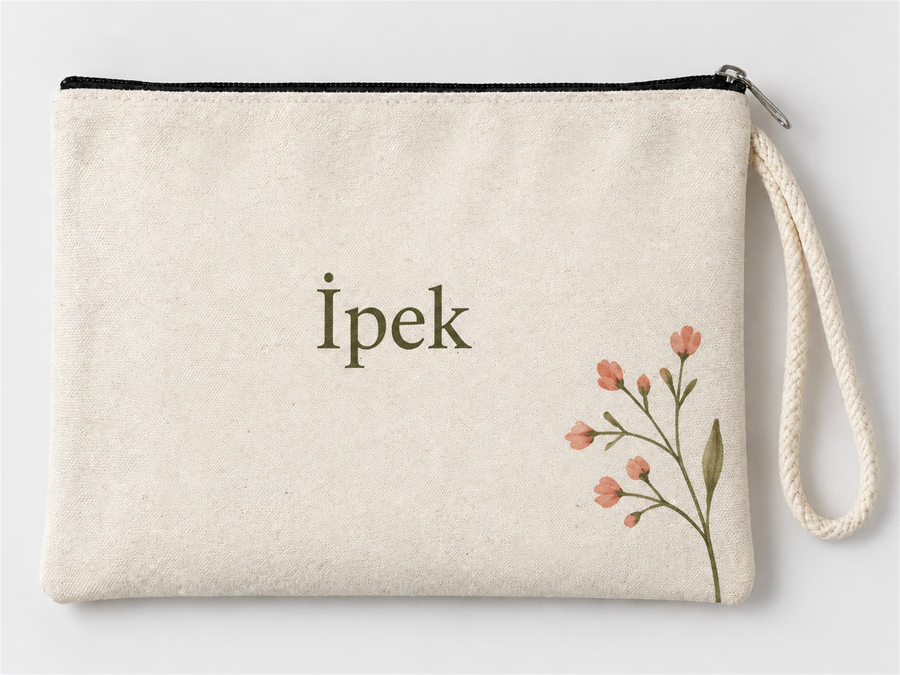 Kişiye Özel Pembe Çiçek Dalı Köşe Baskılı Fermuarlı Clutch Makyaj Çantası Bozuk Para Cüzdanı