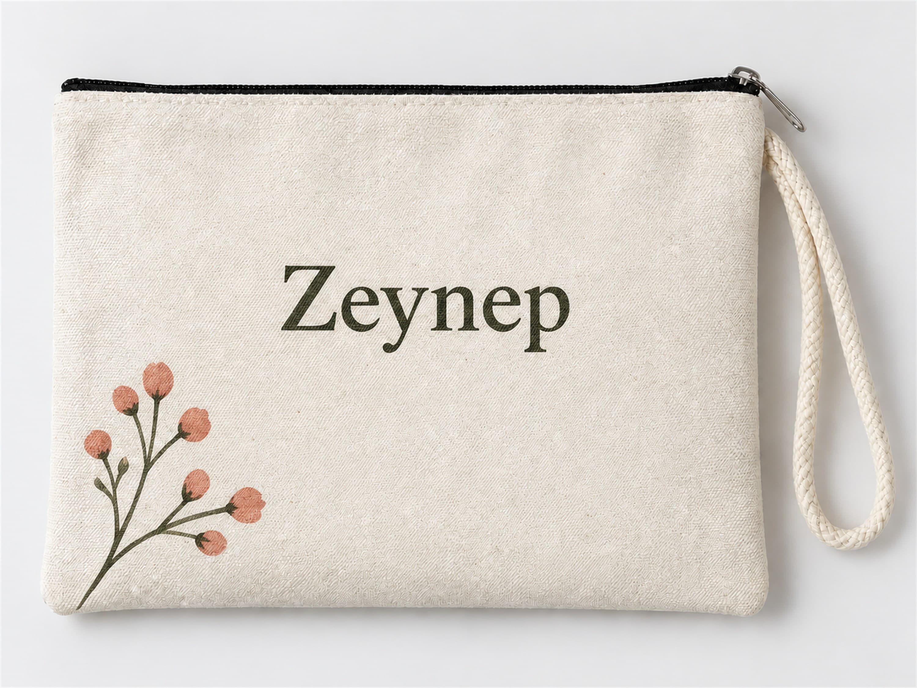Kişiye Özel Pembe Tomurcuk Köşe Baskılı Fermuarlı Clutch Makyaj Çantası Bozuk Para Cüzdanı