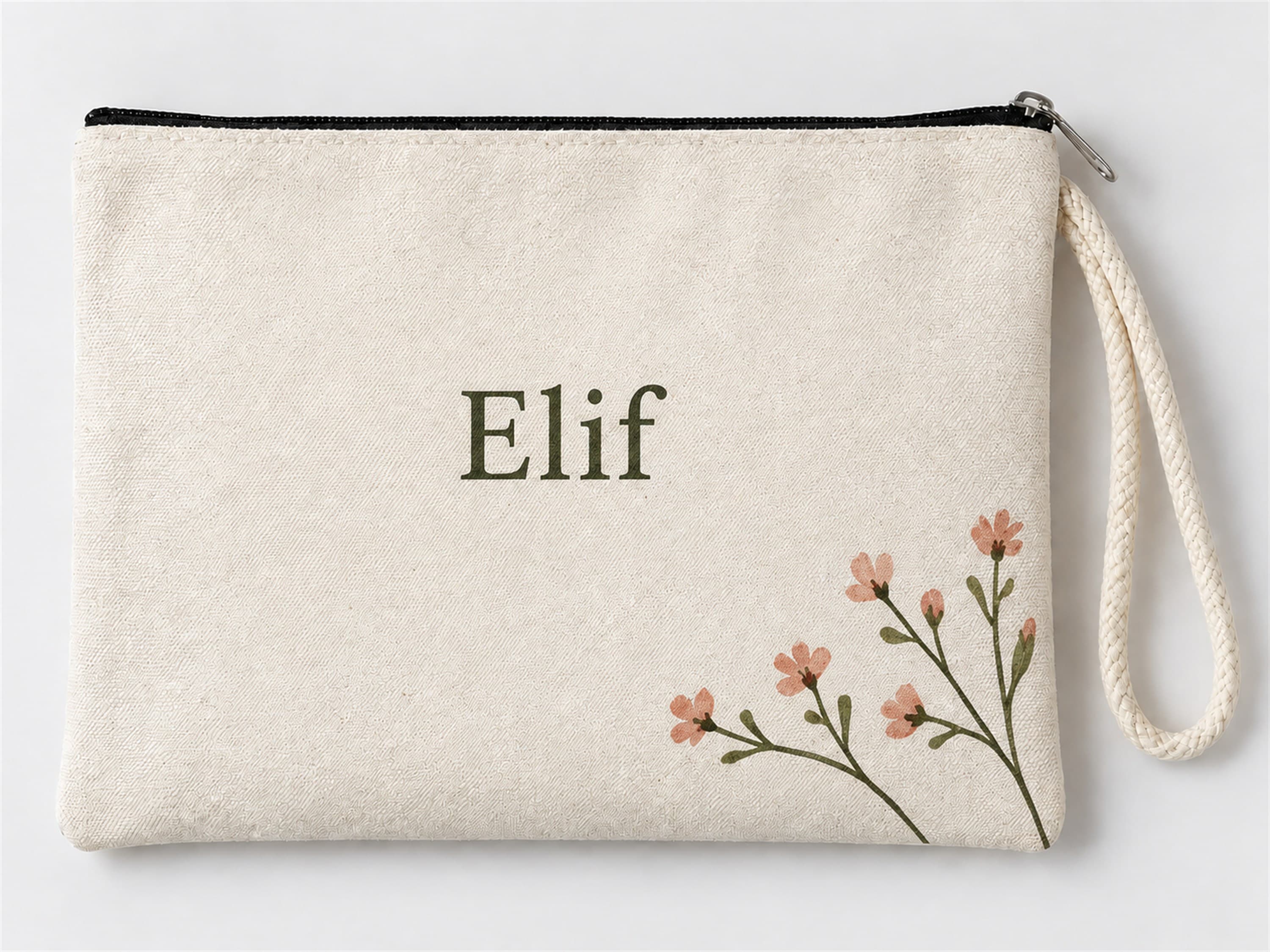 Kişiye Özel Pembe Çiçek Dalı Baskılı Fermuarlı Clutch Makyaj Çantası Bozuk Para Cüzdanı