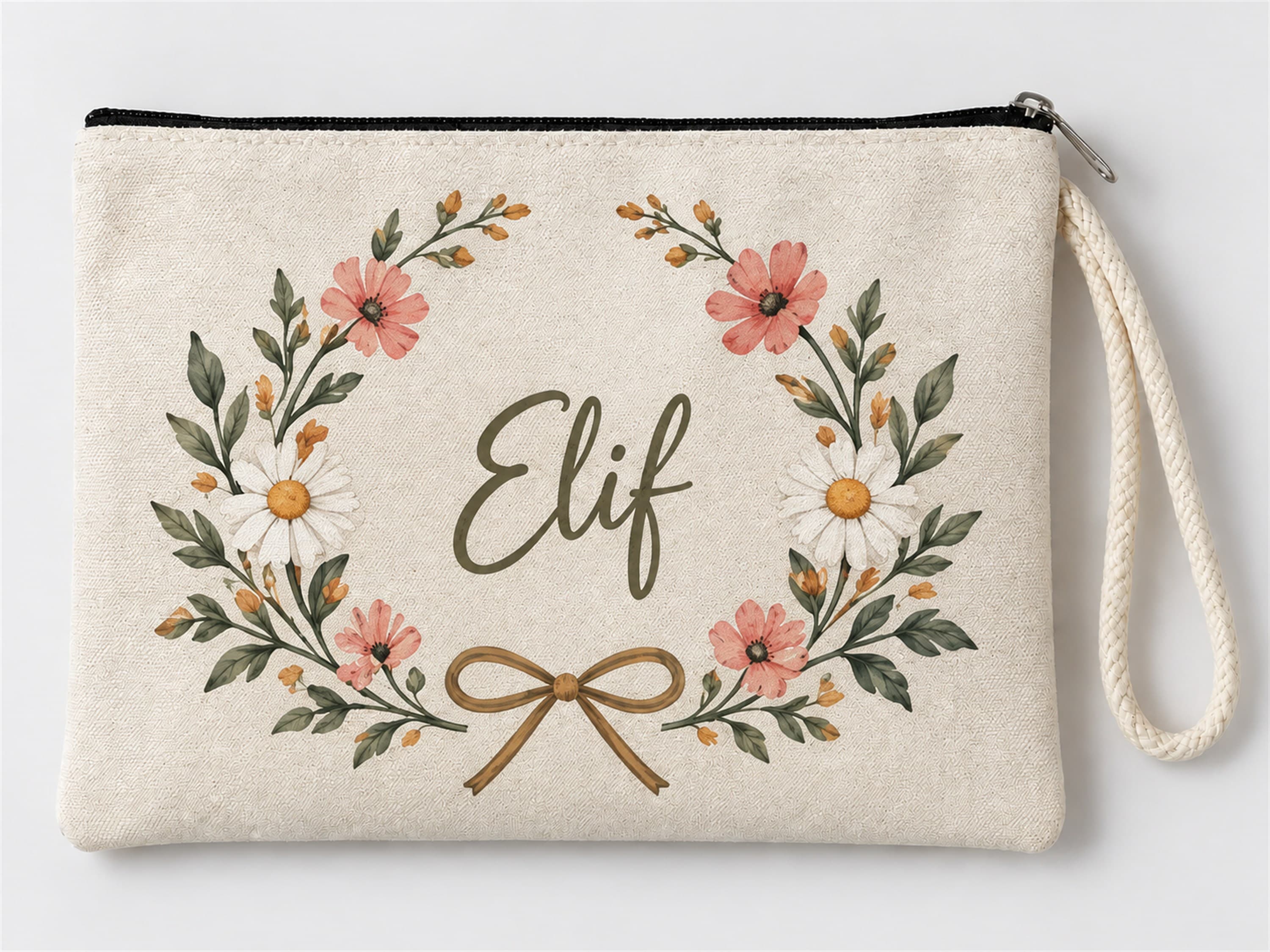 Kişiye Özel Papatya Fiyonk Çelengi Baskılı Fermuarlı Clutch Makyaj Çantası Bozuk Para Cüzdanı