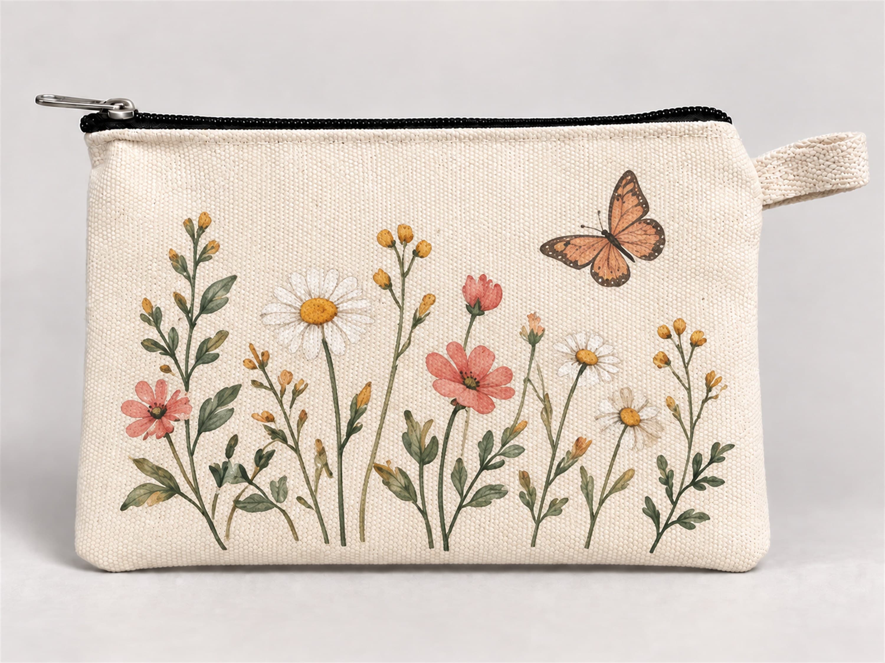 Kelebekli Kır Çiçekleri Baskılı Fermuarlı Kalemlik 20x10 cm