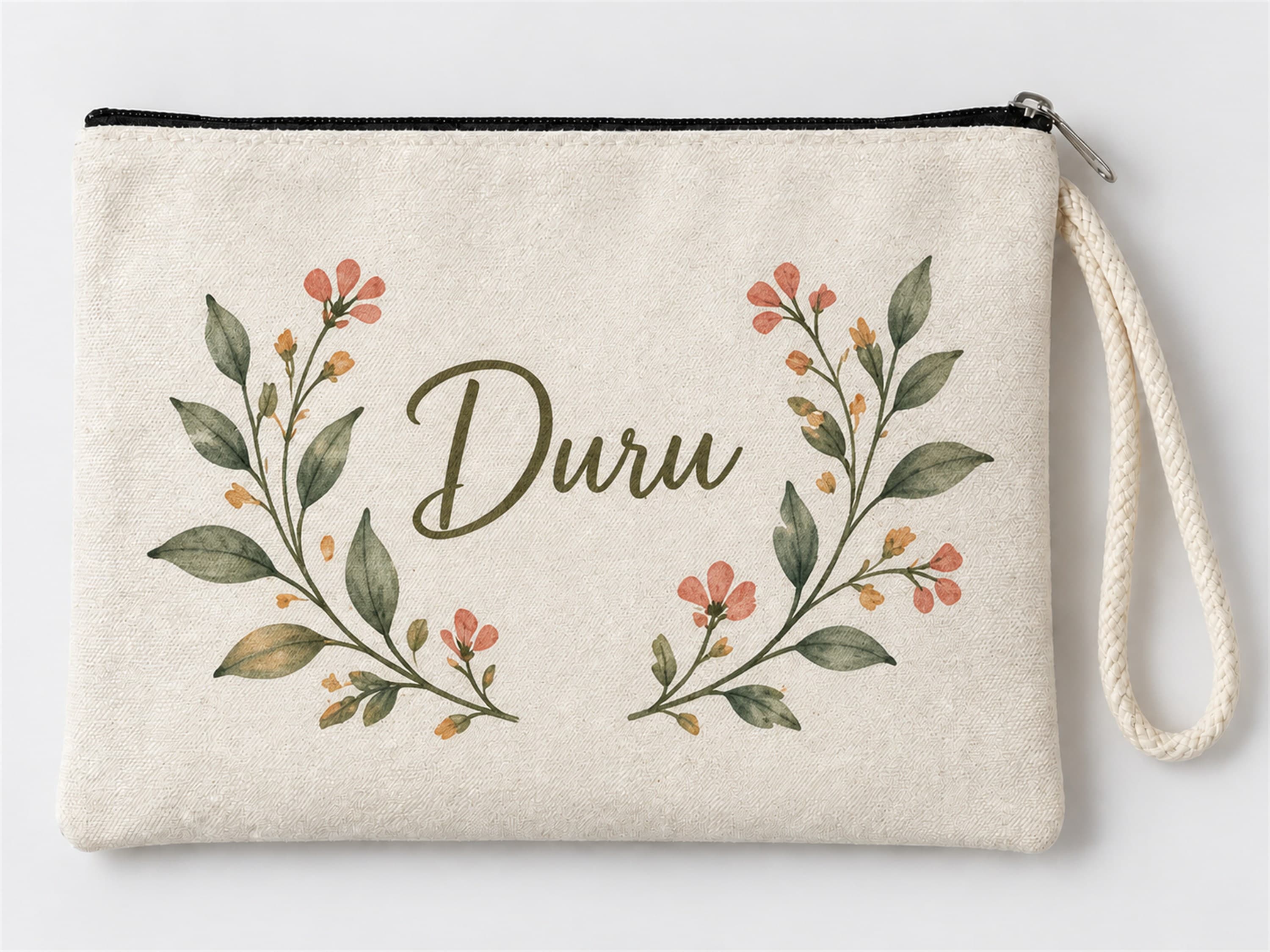 Kişiye Özel Çiçek Çelengi Baskılı Fermuarlı Clutch Makyaj Çantası Bozuk Para Cüzdanı