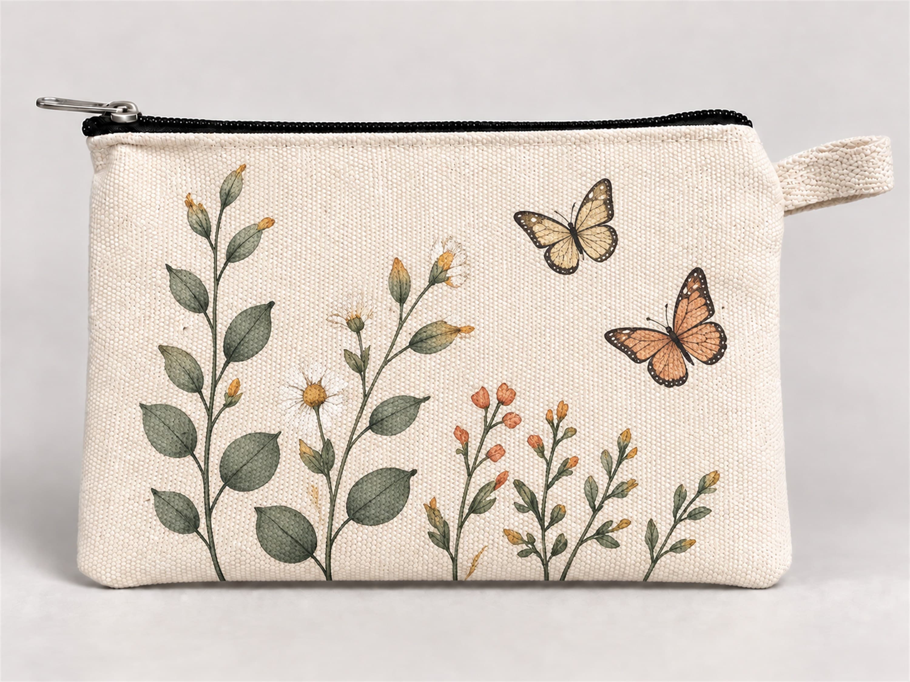 Kelebekli Çiçek Dalları Baskılı Fermuarlı Kalemlik 20x10 cm