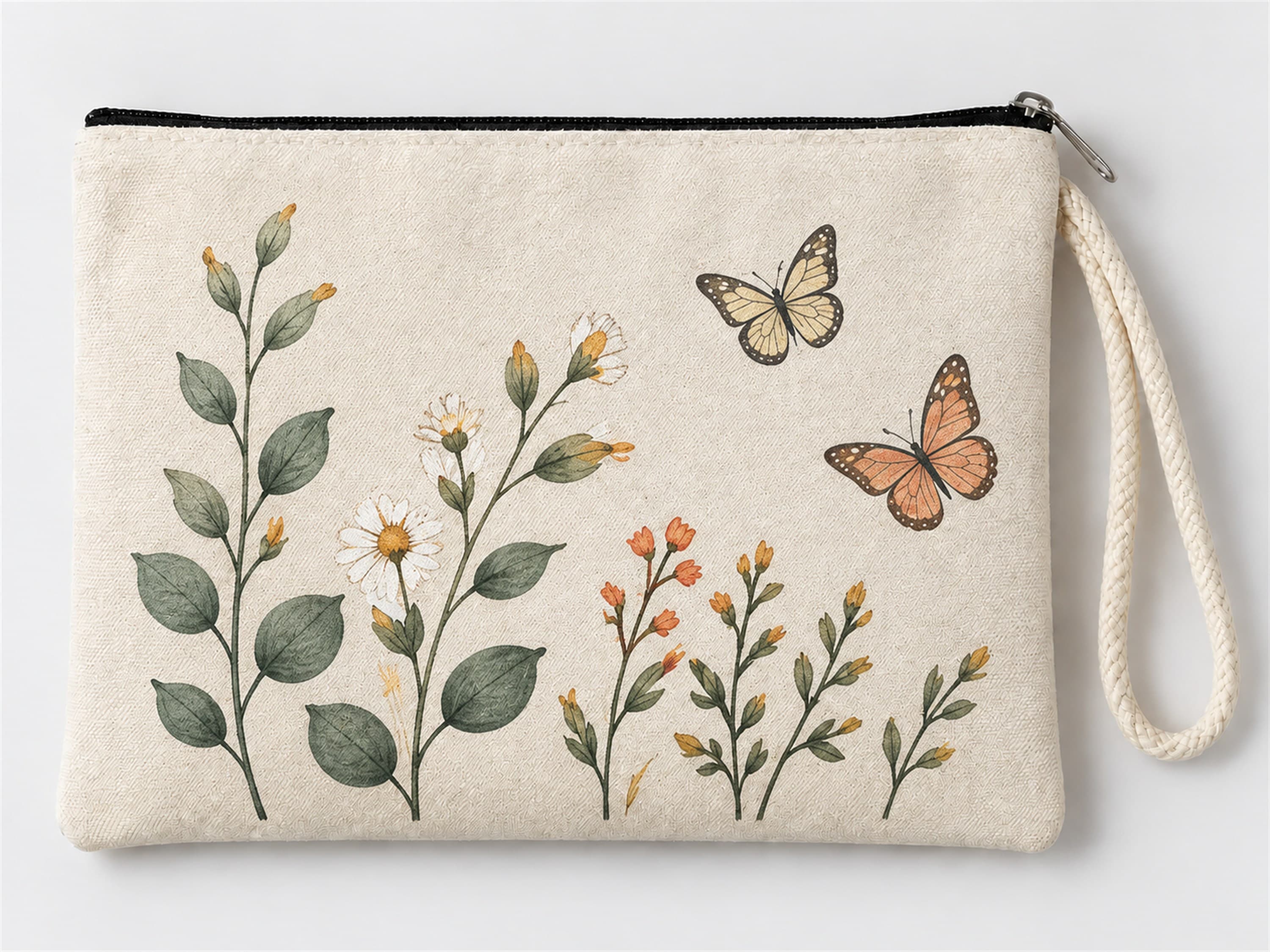 Kelebekli Çiçek Dalları Baskılı Fermuarlı Clutch Makyaj Çantası Bozuk Para Cüzdanı