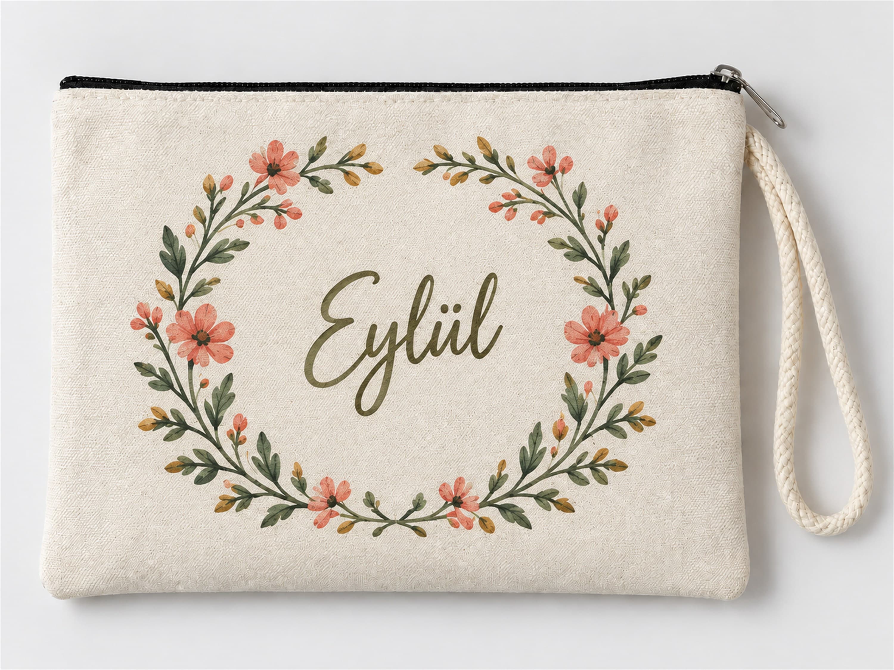Kişiye Özel Çiçek Çelengi Baskılı Fermuarlı Clutch Makyaj Çantası Bozuk Para Cüzdanı