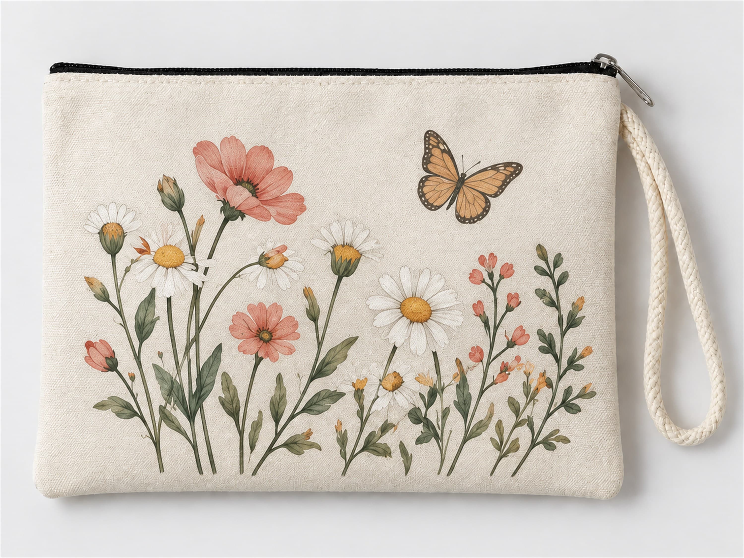 Kelebekli Kır Çiçekleri Baskılı Fermuarlı Clutch Makyaj Çantası Bozuk Para Cüzdanı