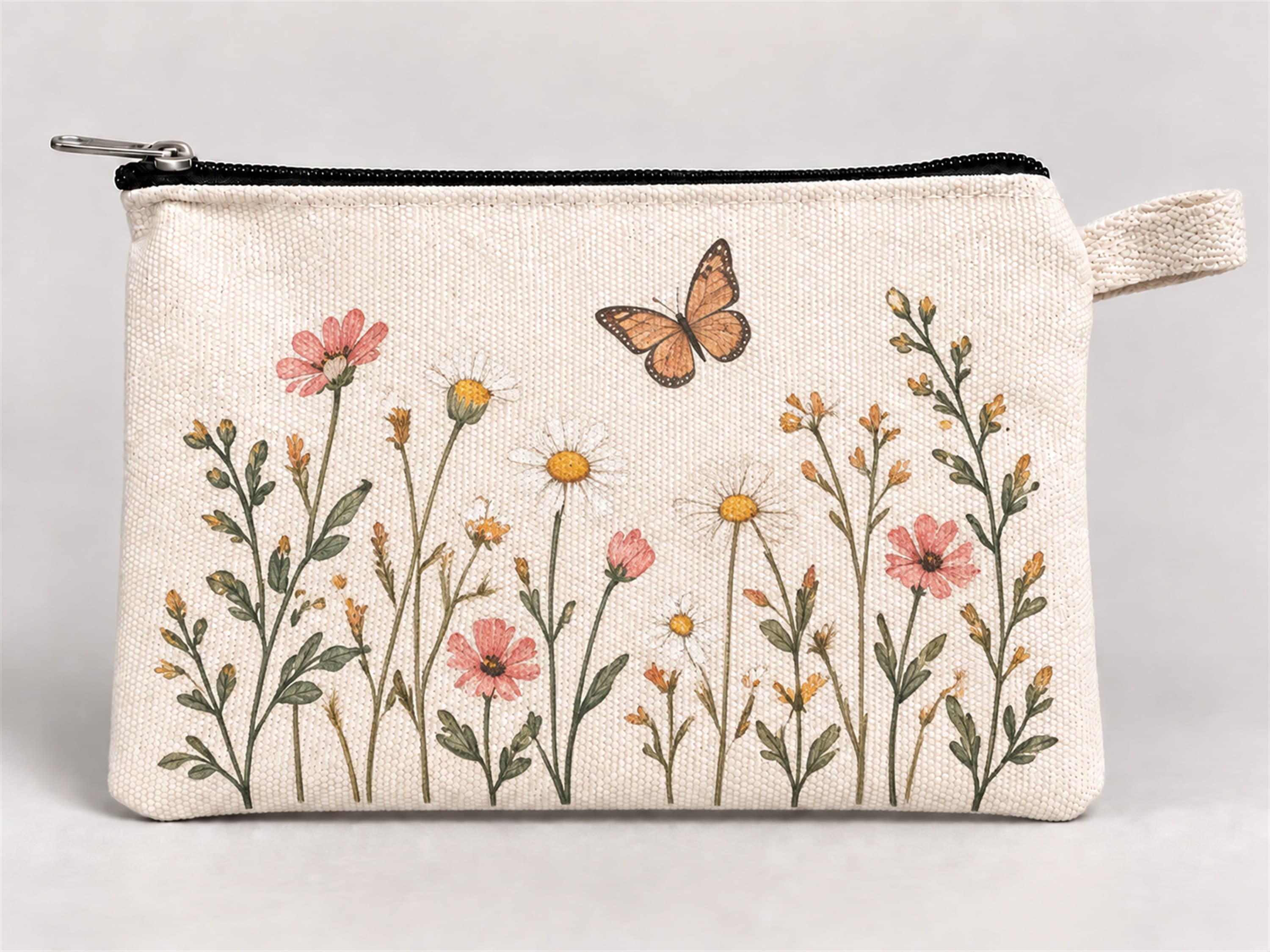 Kelebekli Kır Çiçekleri Baskılı Fermuarlı Kalemlik 20x10 cm