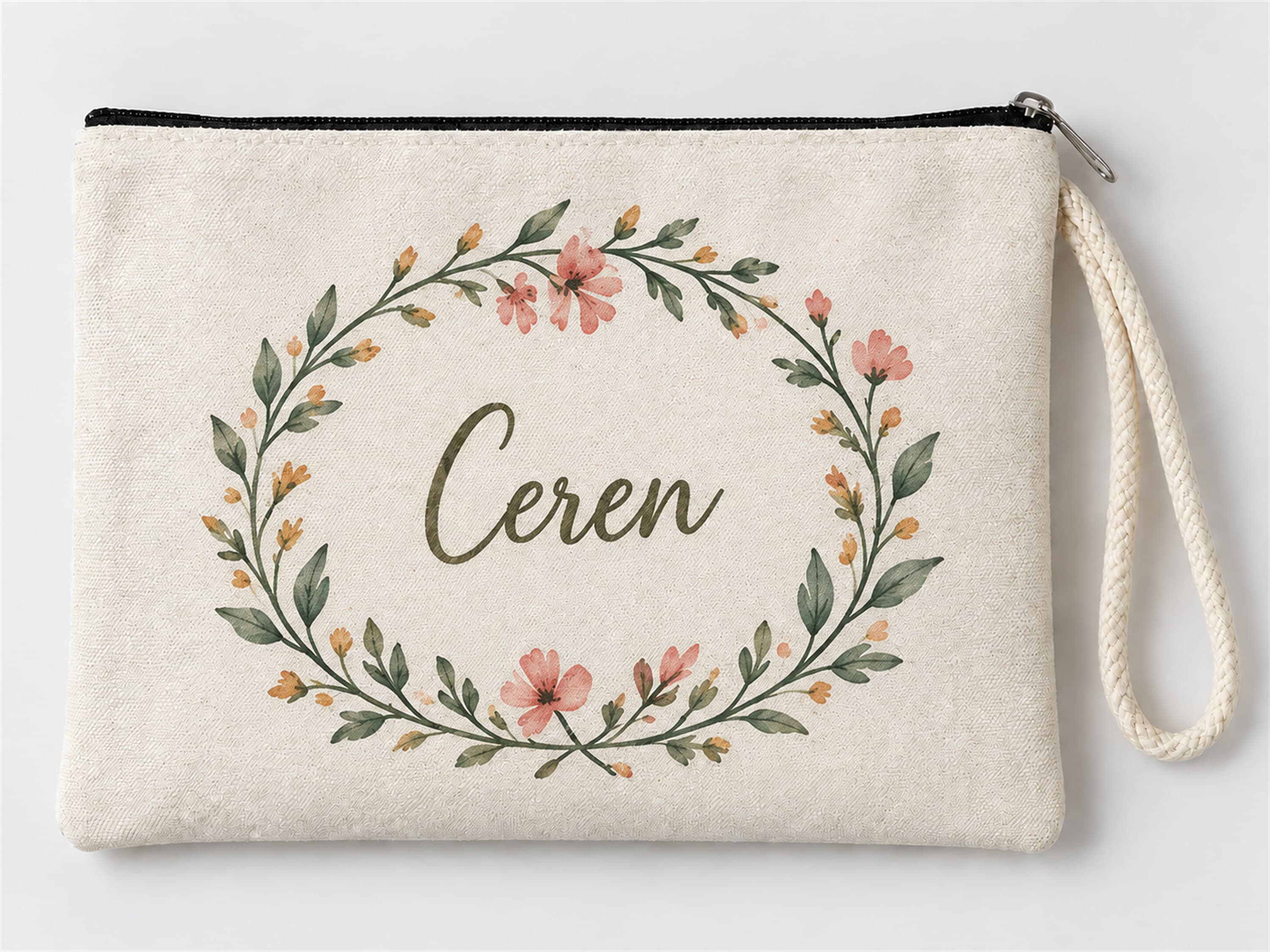 Kişiye Özel Çiçek Çelengi Baskılı Fermuarlı Clutch Makyaj Çantası Bozuk Para Cüzdanı