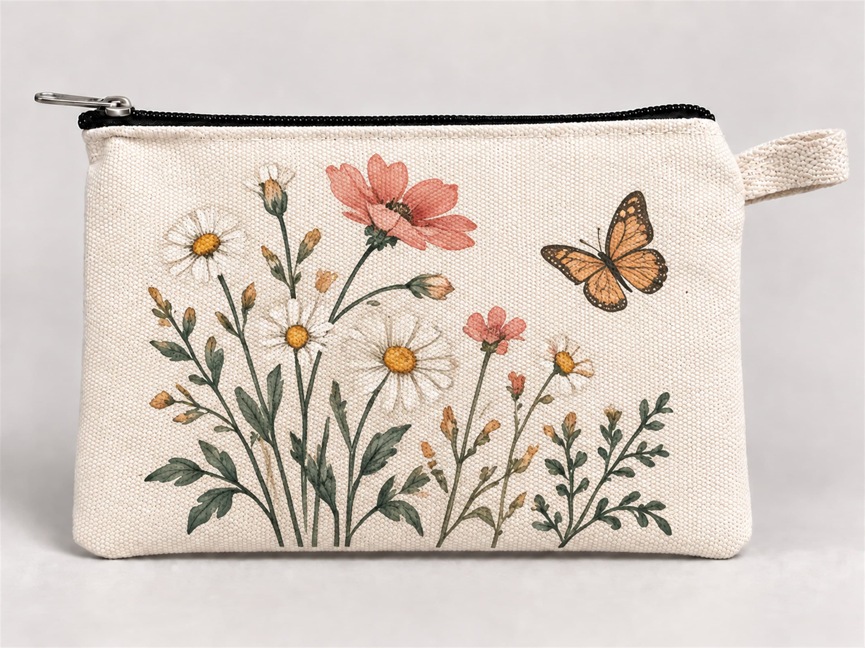 Kelebekli Kır Çiçekleri Baskılı Fermuarlı Kalemlik 20x10 cm