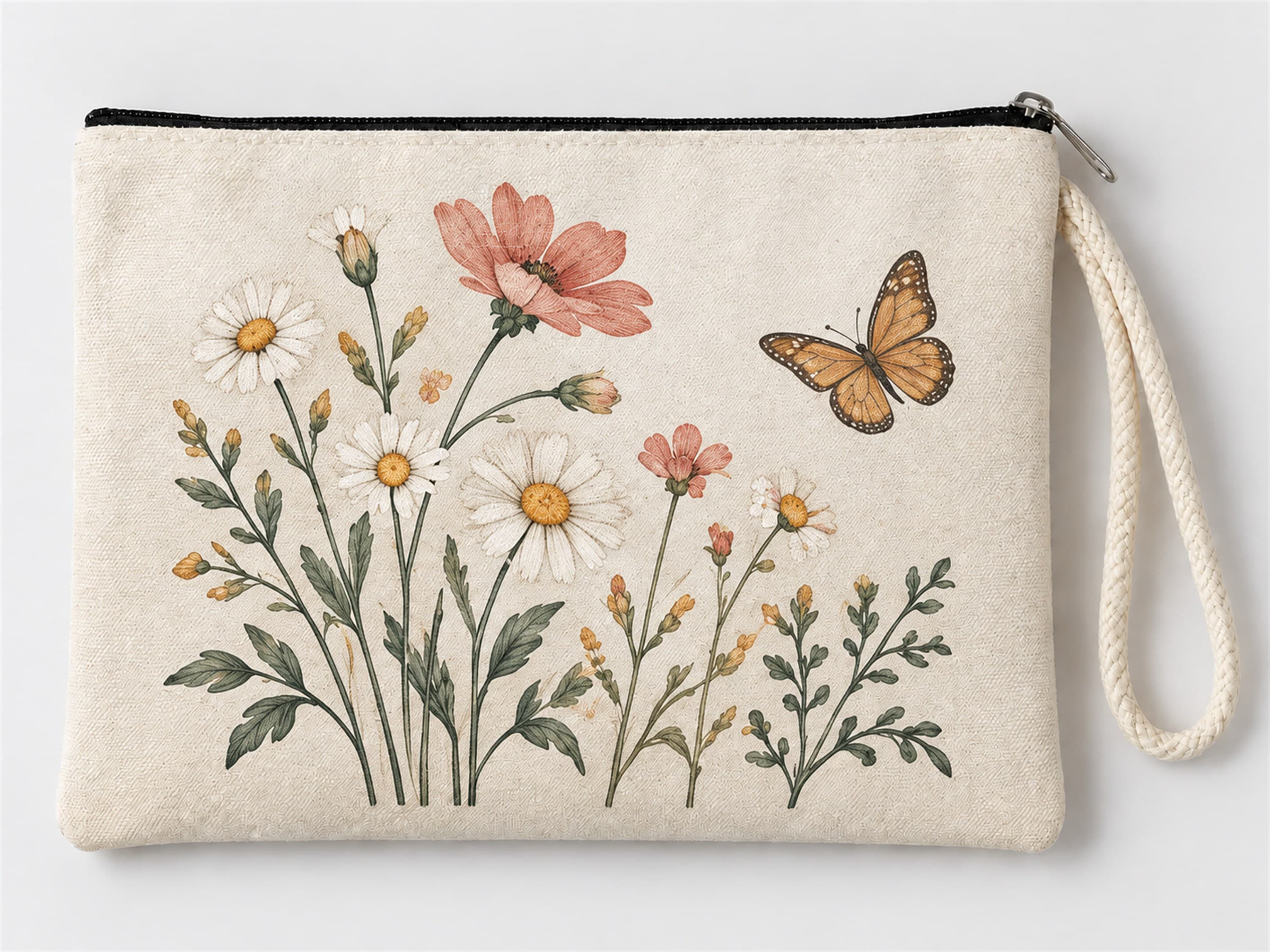 Kelebekli Kır Çiçekleri Baskılı Fermuarlı Clutch Makyaj Çantası Bozuk Para Cüzdanı