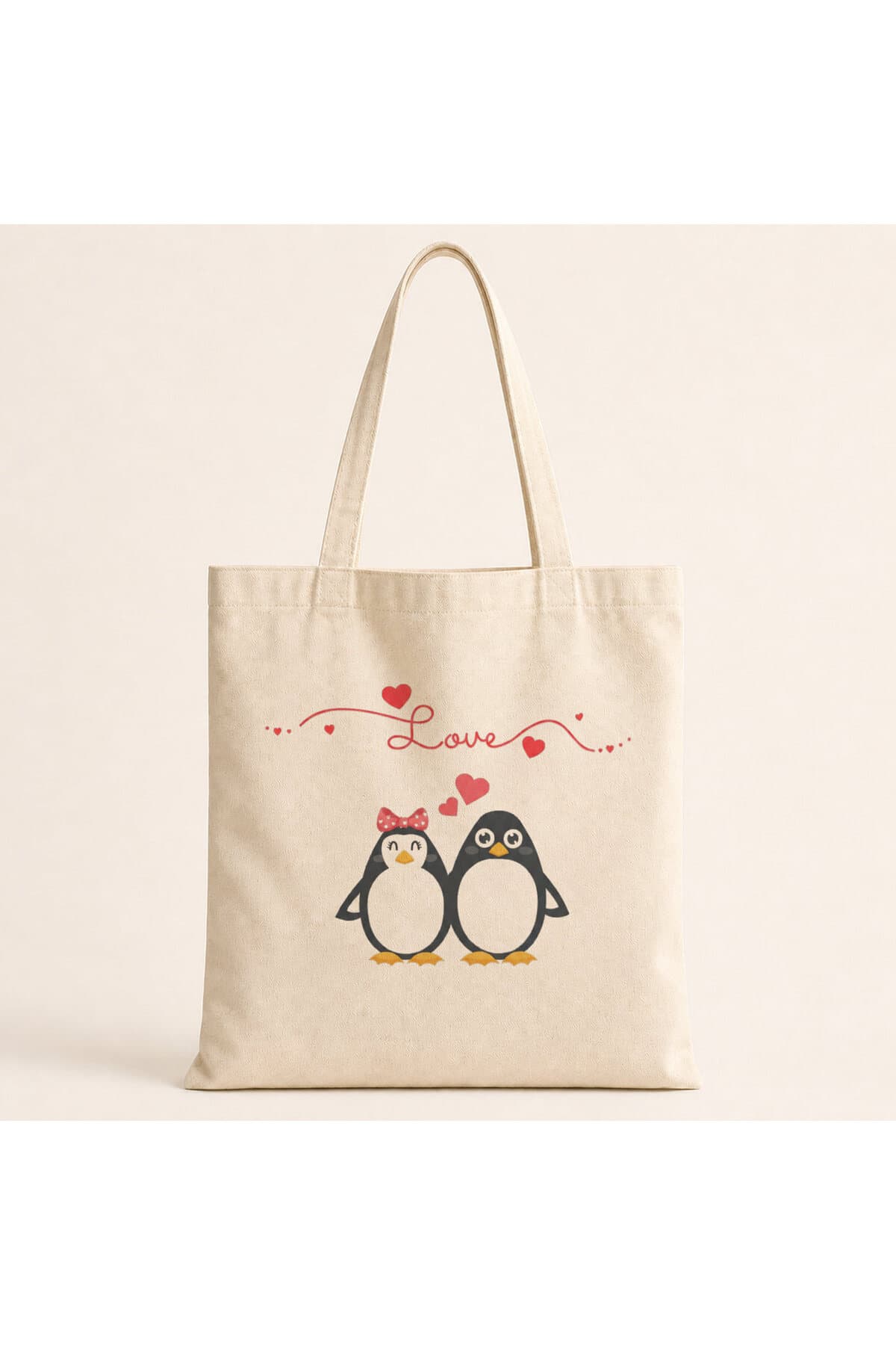 Love Penguenler Tasarım Baskılı Bez Çanta
