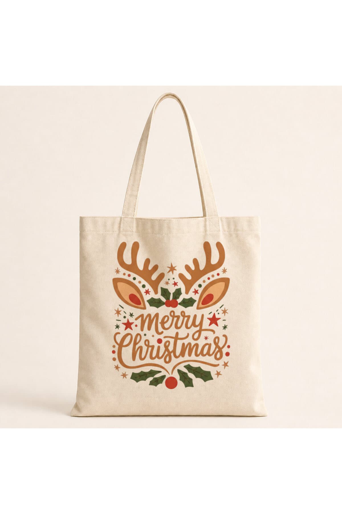Merry Christmas Geyik Boynuzlu Baskılı Bez Çanta