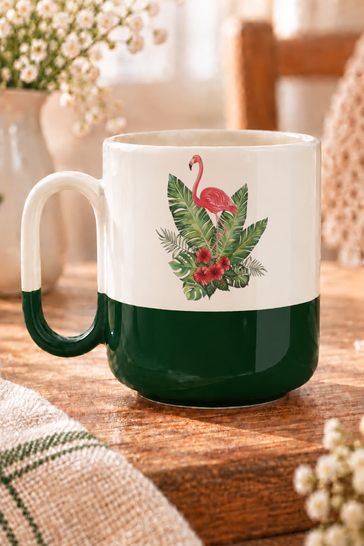 Flamingo Baskılı Alt Yarısı Renkli Arya Kupa Bardak Fincan Mug