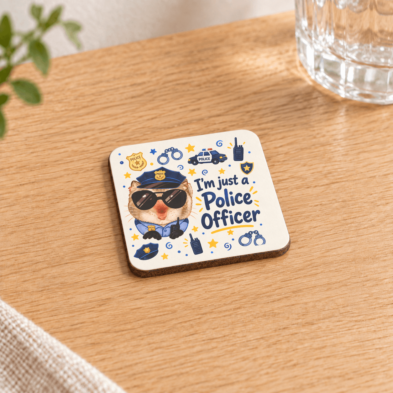 Sad Hamster Polis Baskılı 9x9 cm Kare MDF Bardak Altlığı - Polise Hediye Ahşap