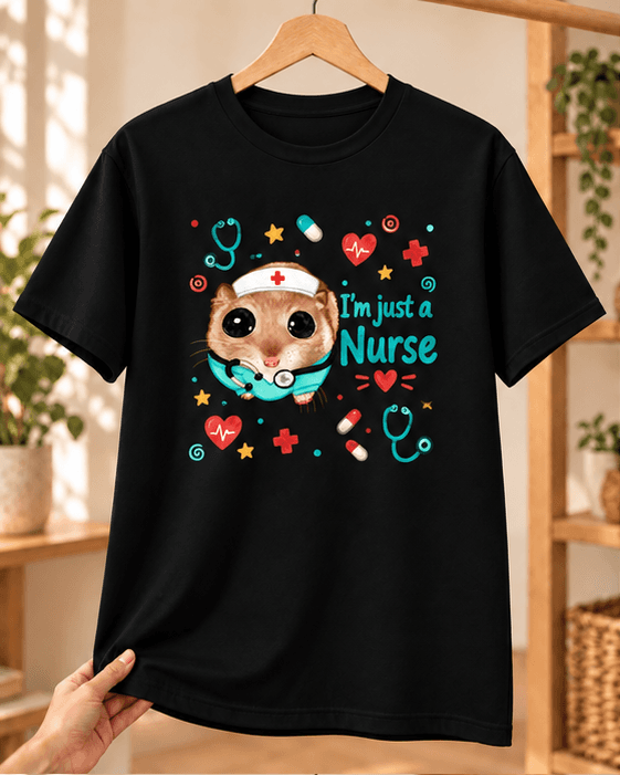 Sad Hamster Hemşire Baskılı Siyah Tişört - Hemşireye Hediye Unisex - XL
