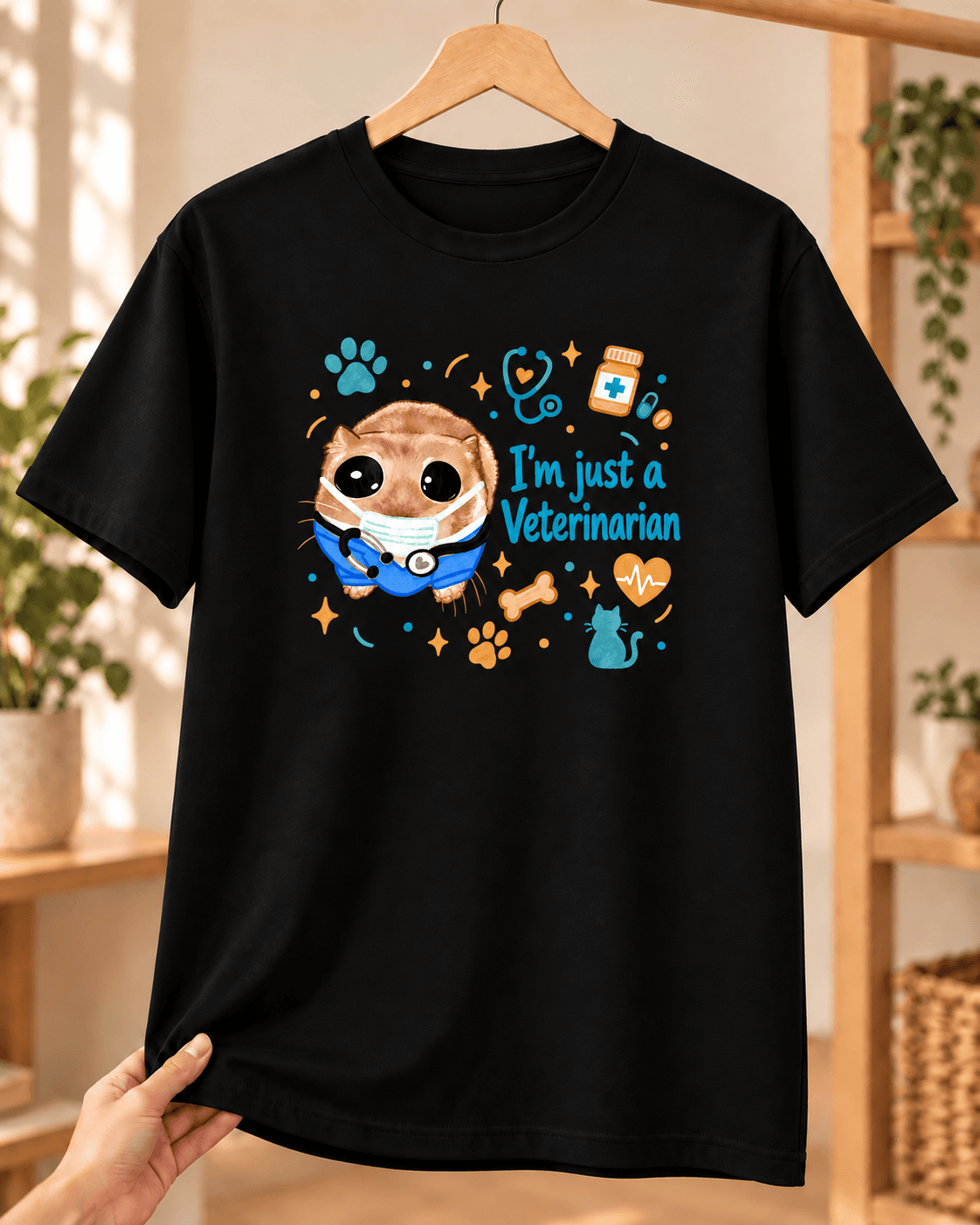 Sad Hamster Veteriner Baskılı Siyah Tişört - Veterinere Hediye Unisex - S