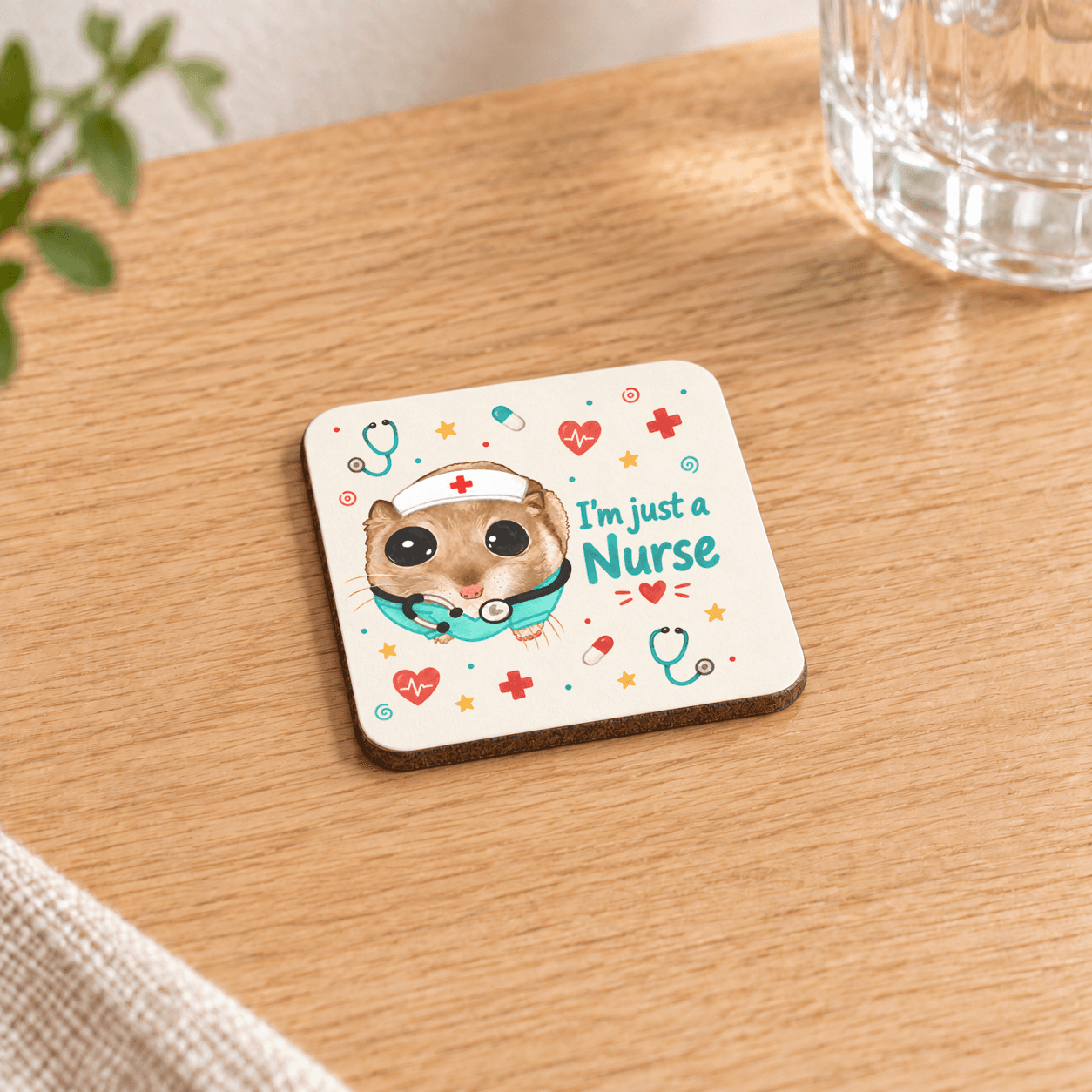 Sad Hamster Hemşire Baskılı 9x9 cm Kare MDF Bardak Altlığı - Hemşireye Hediye Ahşap
