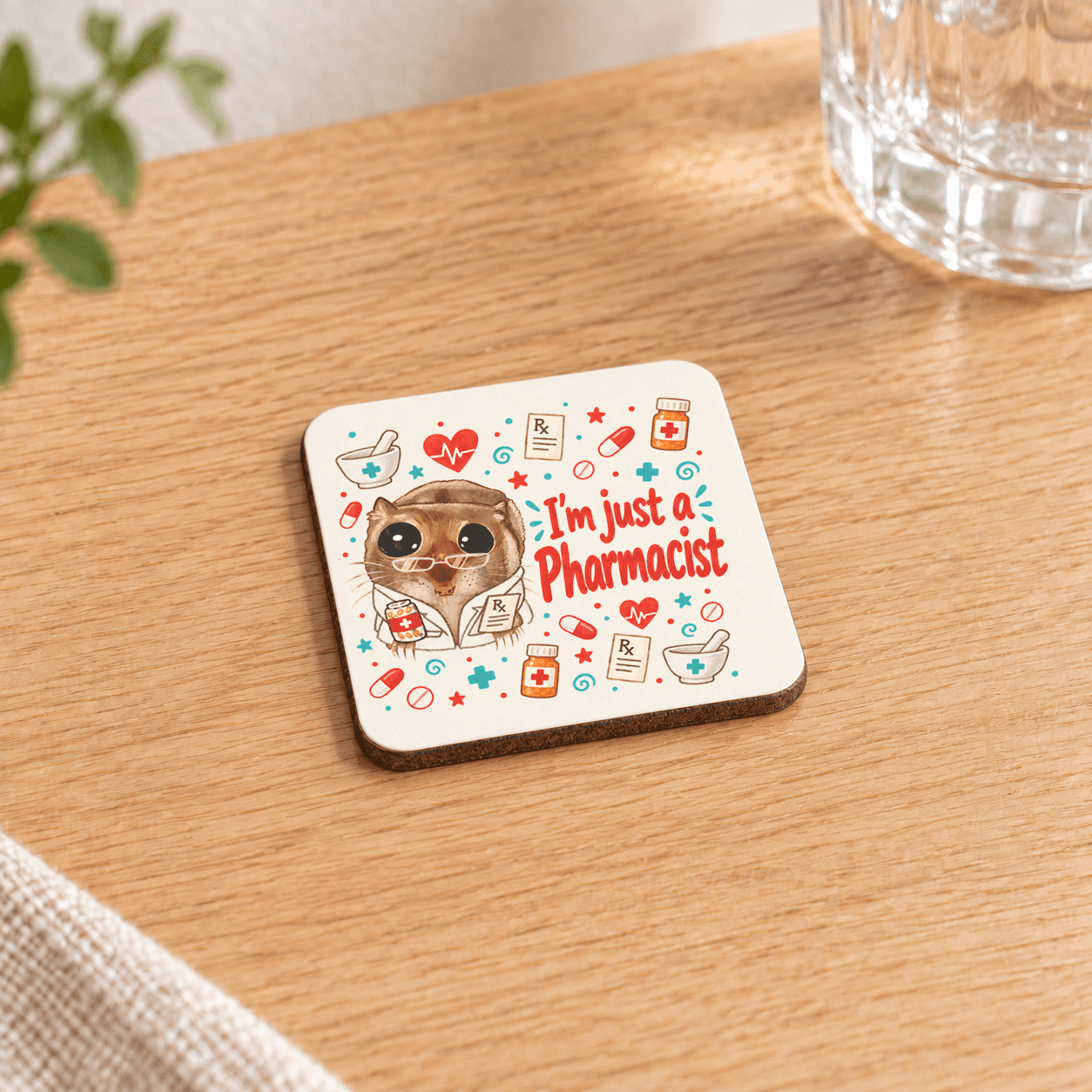 Sad Hamster Eczacı Baskılı 9x9 cm Kare MDF Bardak Altlığı - Eczacıya Hediye Ahşap