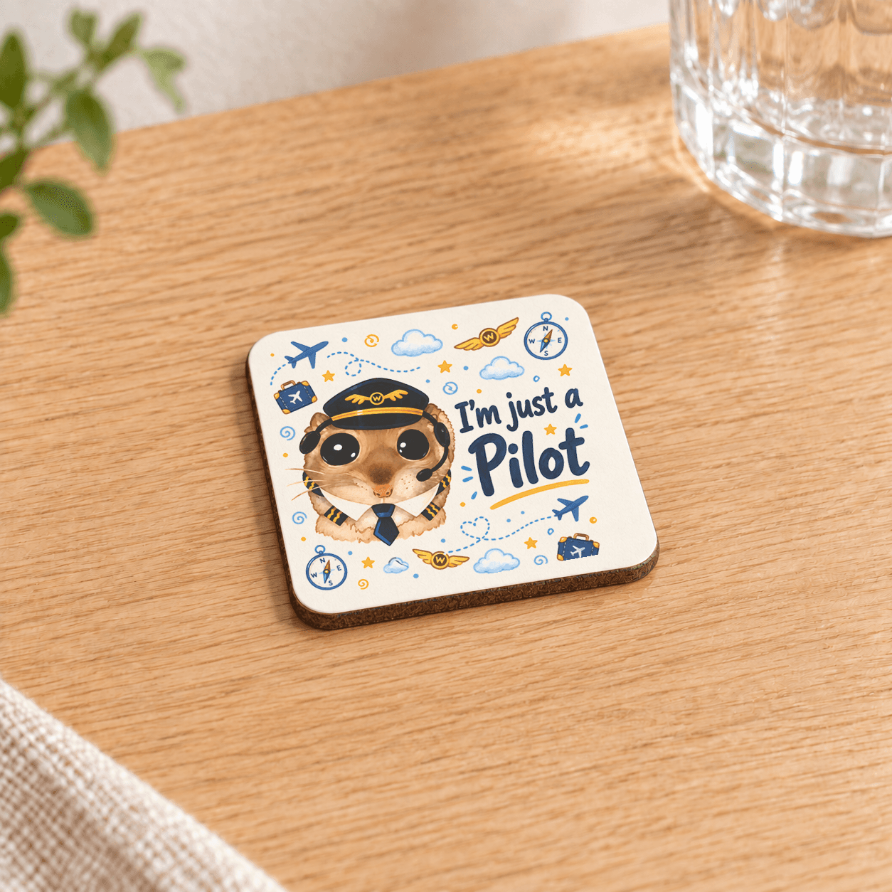 Sad Hamster Pilot Baskılı 9x9 cm Kare MDF Bardak Altlığı - Pilota Hediye Ahşap