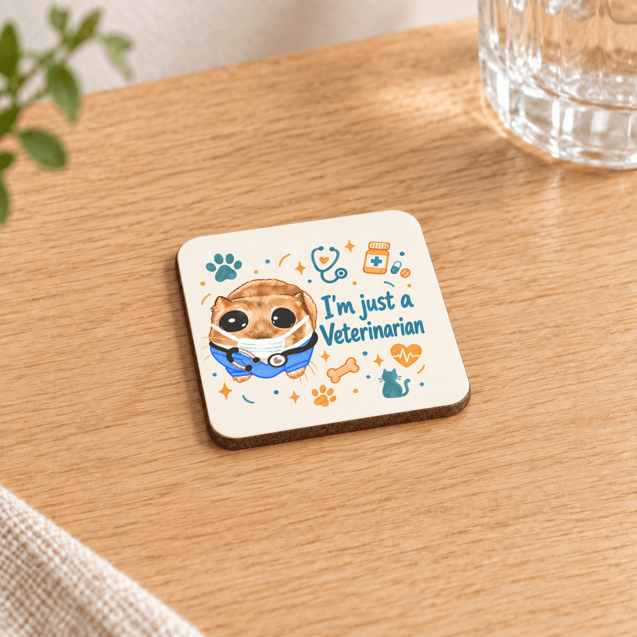 Sad Hamster Veteriner Baskılı 9x9 cm Kare MDF Bardak Altlığı - Veterinere Hediye Ahşap